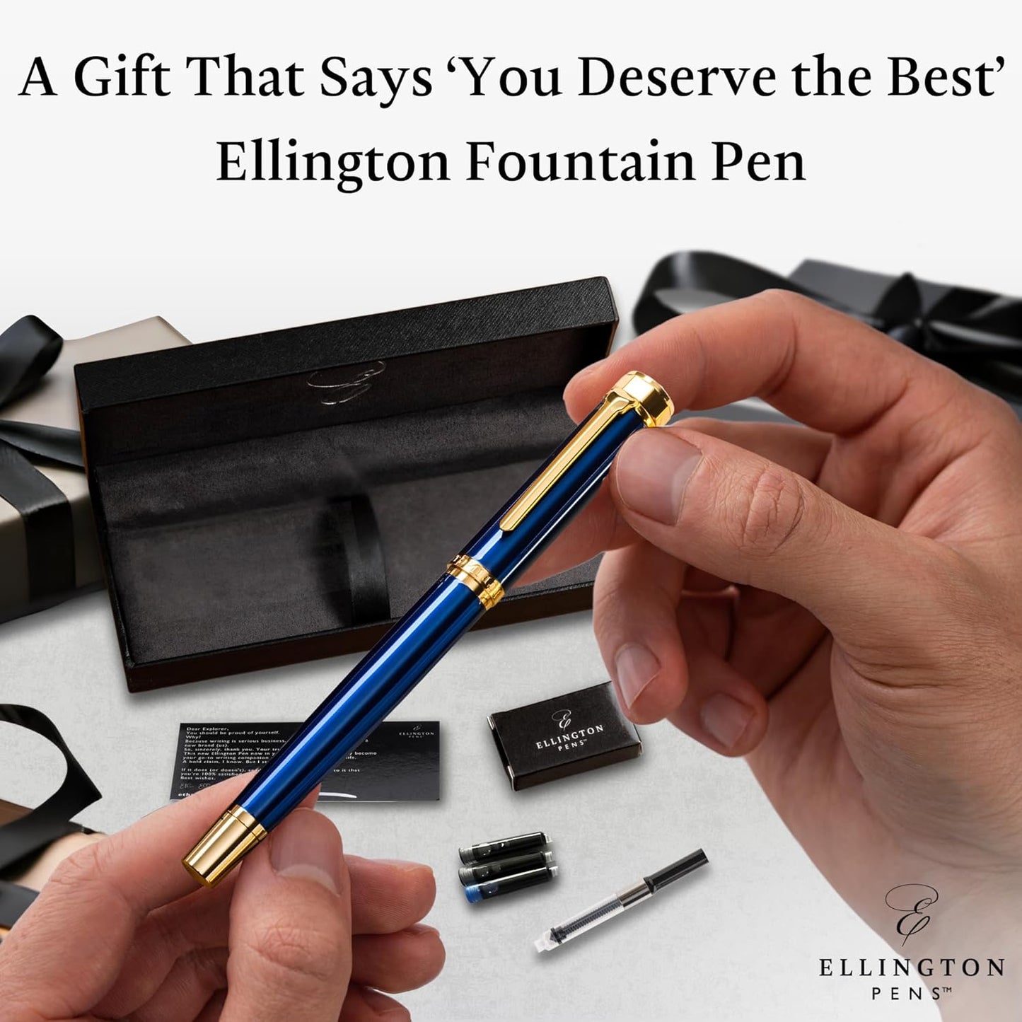 Ellington Pens Luxury Fountain Pen Set- Fountain Pens for Writing - Smooth Extra Fine Nib - Includes Refillable Ink Converter, 3 Ink Cartridges [Black & Blue], Gift Box - Elegant Calligraphy