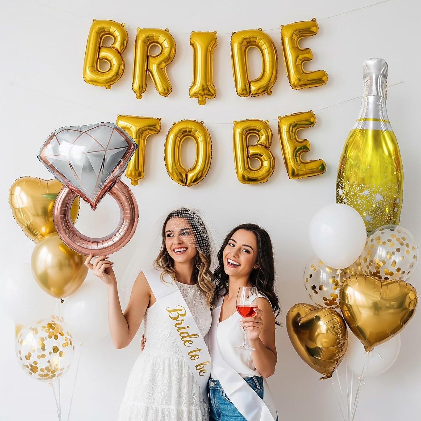 Gold Decorations pearl White balloons Bridal Veil BRIDE TO BE Balloons Sash with Diamond Ring Heart Champagne Balloons Bridal Veil for Bachelorette Party Decor Bride To Be Bridal Showerr