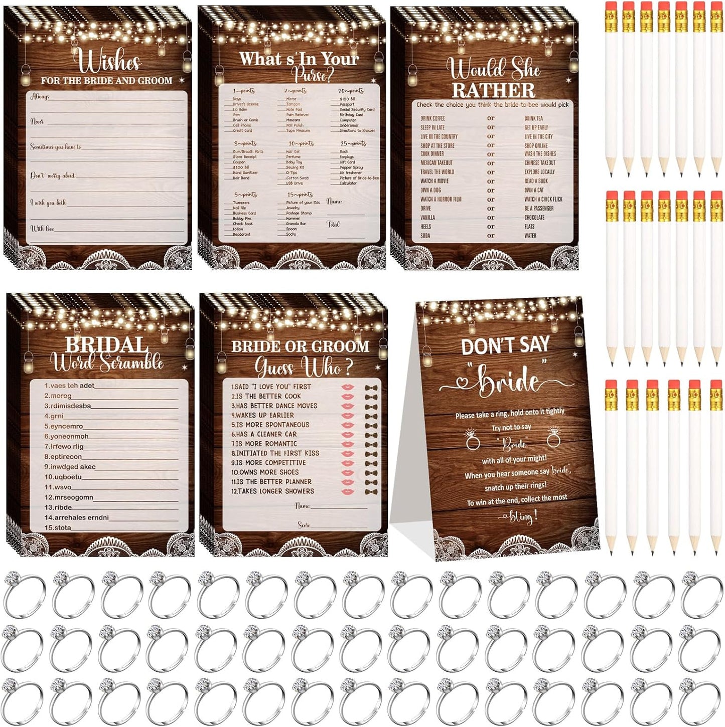 Estune 331 Pcs Bridal Shower Games Supplies, 5 Sets 250 Pcs Wedding Cards 1 Put a Ring on It Bridal Shower Games with 60 Rings and 20 Pencils(Rustic Wood)