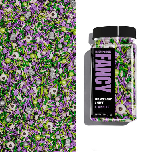 Fancy Sprinkles Limited Edition Halloween Graveyard Shift Purple and Green Crunchy Sprinkles, Plus Candy Eyeballs, Ghostly Confetti, and Eerie Tombstone Shapes (0.5c)