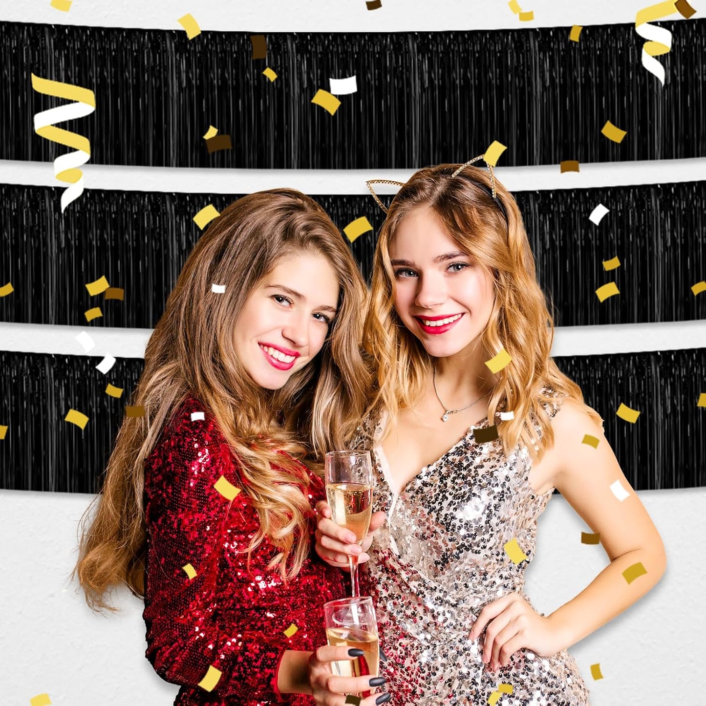 4 Pack 10 Feet Black Foil Fringe Garland Metallic Tinsel Streamers Banner Wall Hanging Curtain Backdrop for Parade Floats, Wedding, Graduate, Mother's Day, Birthday Party Decoration