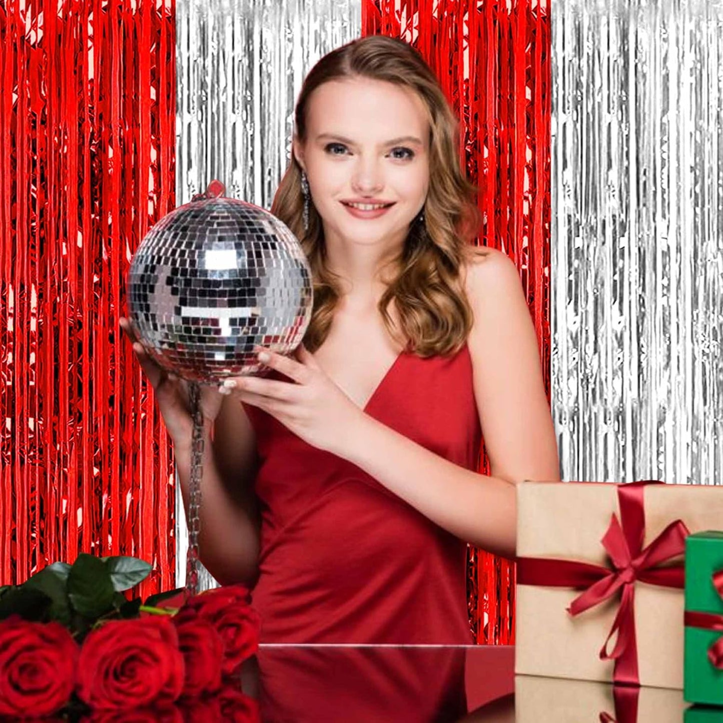 6 Pack Red and Silver Foil Fringe Curtains Backdrop, 3.28 x 8.2 Ft Metallic Streamers Tinsel Curtains Background for Photo Booth, Birthday, Weddings, Carnivals, Graduation, Themed Party Decorations