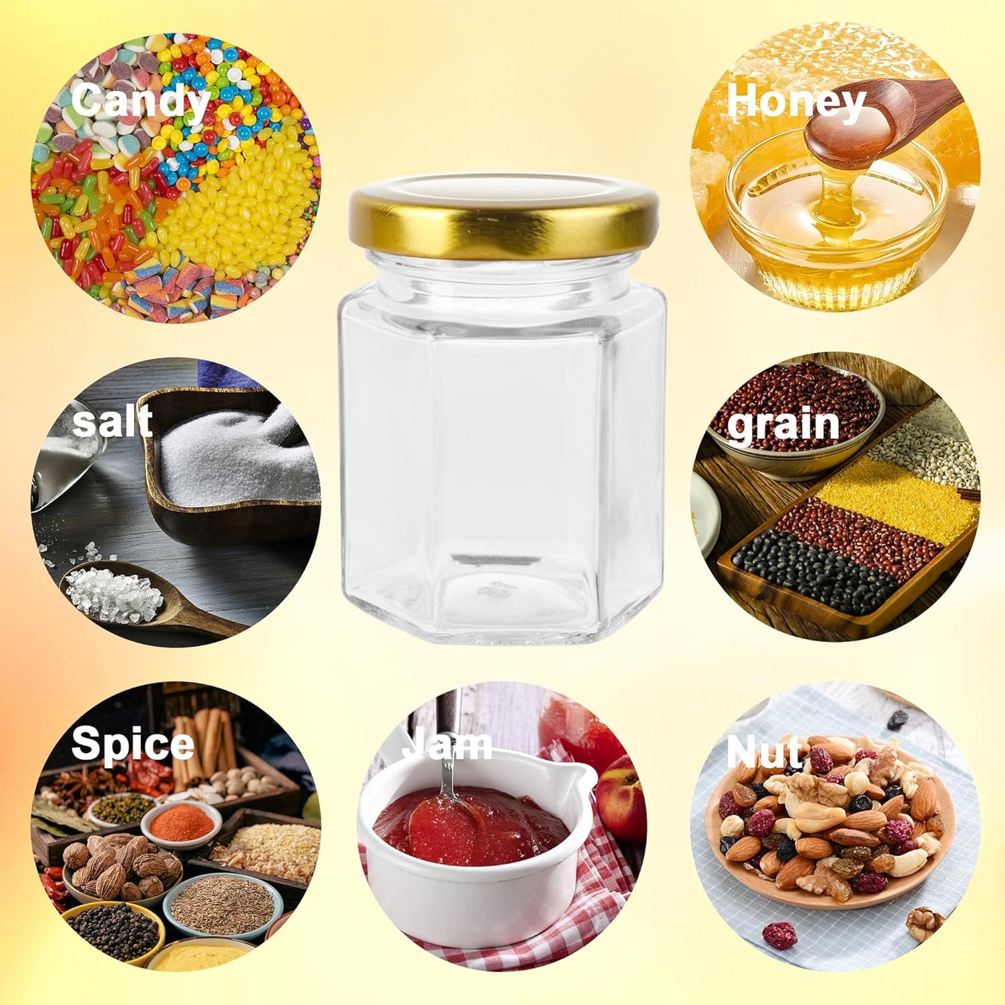 Small Glass Honey Jars with Lids 3oz,40 pack Airtight Glass Canning Jars with Gold Lids,Hexagon Glass Jars for Spice,Jam,Foods,Liquid,Baby Shower Favors,Wedding Favors,40 Labels