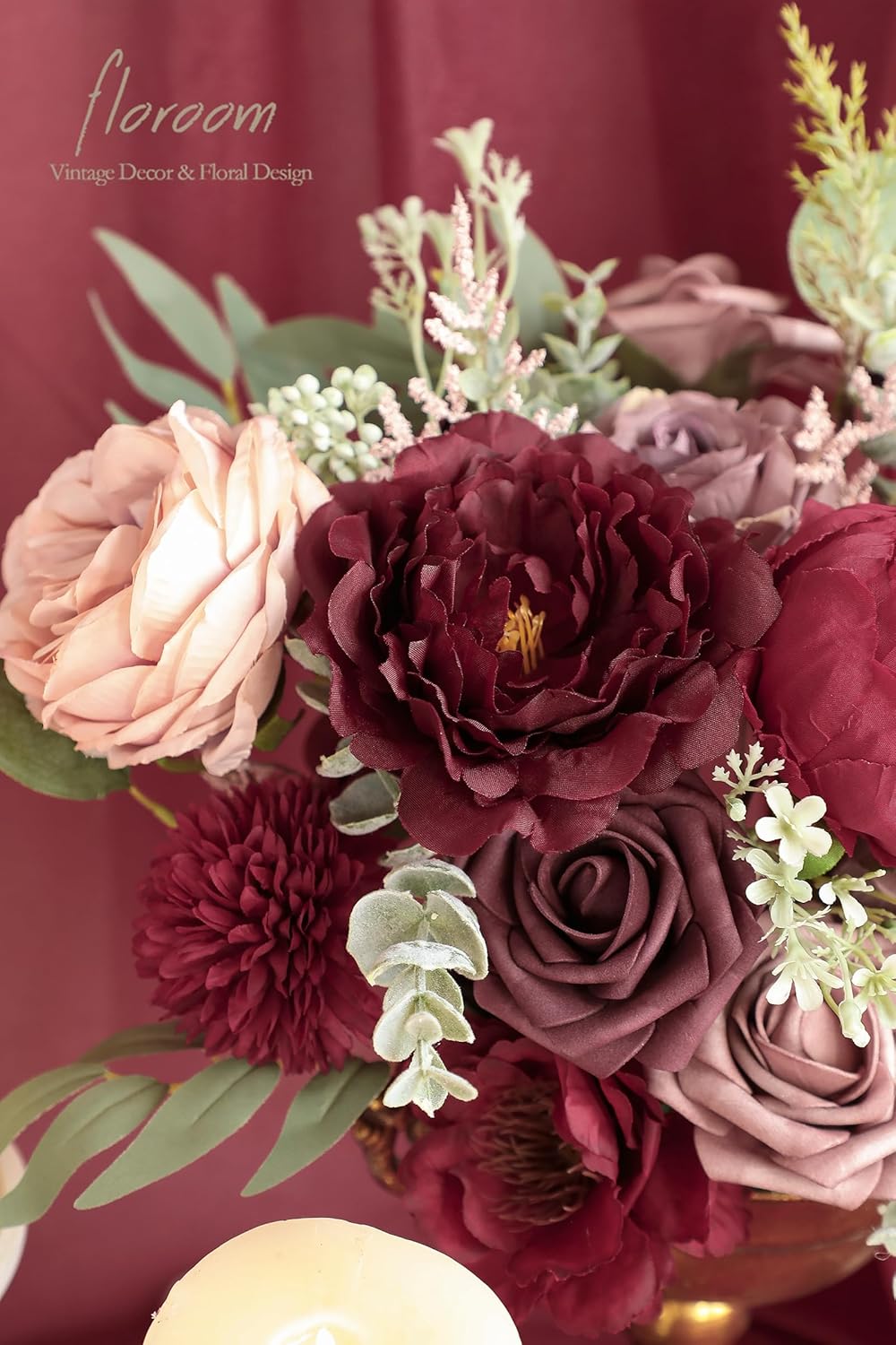 Floroom Burgundy Mauve Artificial Flowers Marsala Fake Roses Peonies and Greenery Combo Box Set for DIY Dark Red Wedding Bouquets Bridal Shower Centerpieces Floral Arrangements Party Tables Decoration