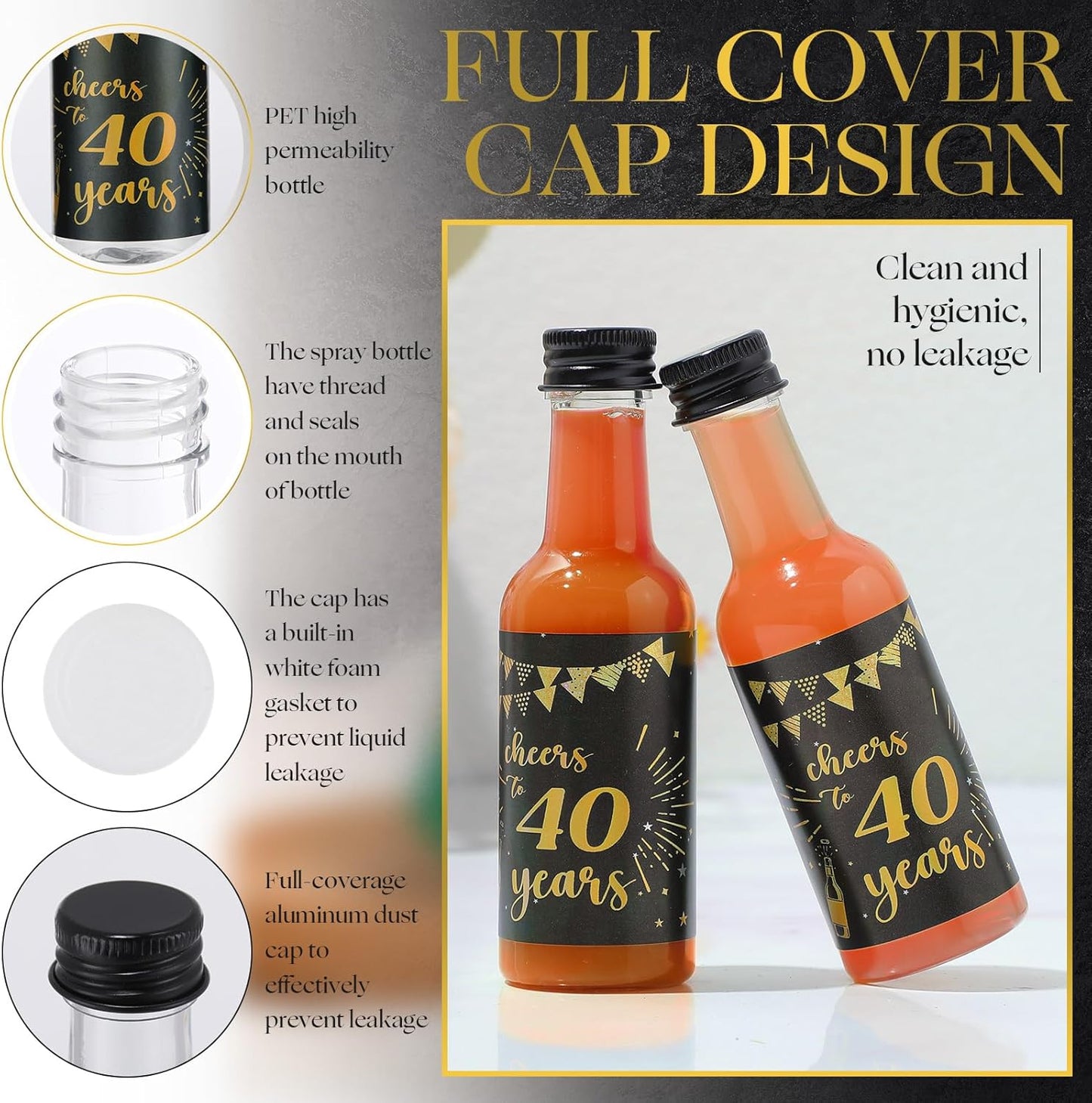 Vesici 50 Pack Mini Liquor Bottles 1.7oz Shot Mini Wine and Champagne Bottle Birthday Sticker with 2 Funnels Birthday Party Favor for Adult Guest Women Men Anniversary Celebration(Cheers to 40 Years)