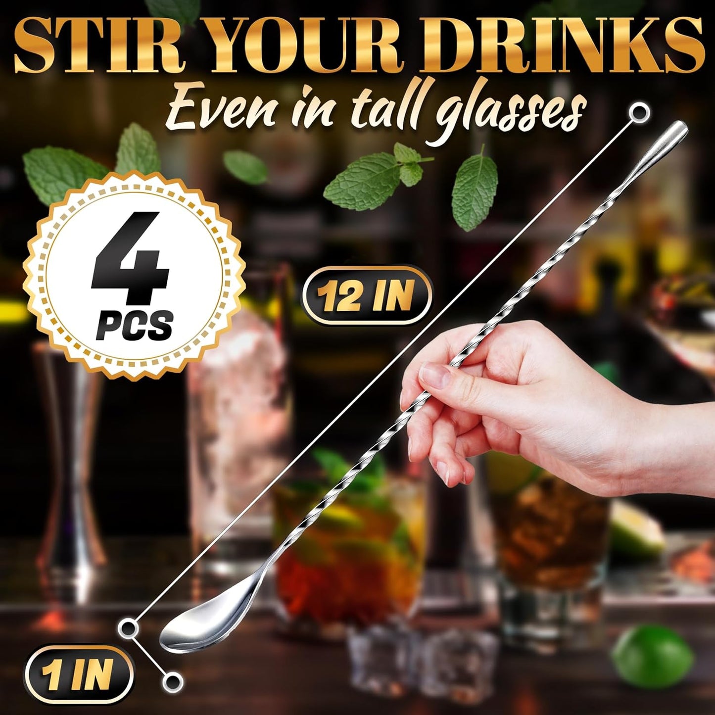 4 Pcs Bar Spoon Cocktail Stirrers – 12'' Long Spoons for Stirring | Stainless Steel with Polished Surface, Easy to Clean – Professional & Home Use, Practical Gift for Drink Mixing Lovers Caviar Spoons