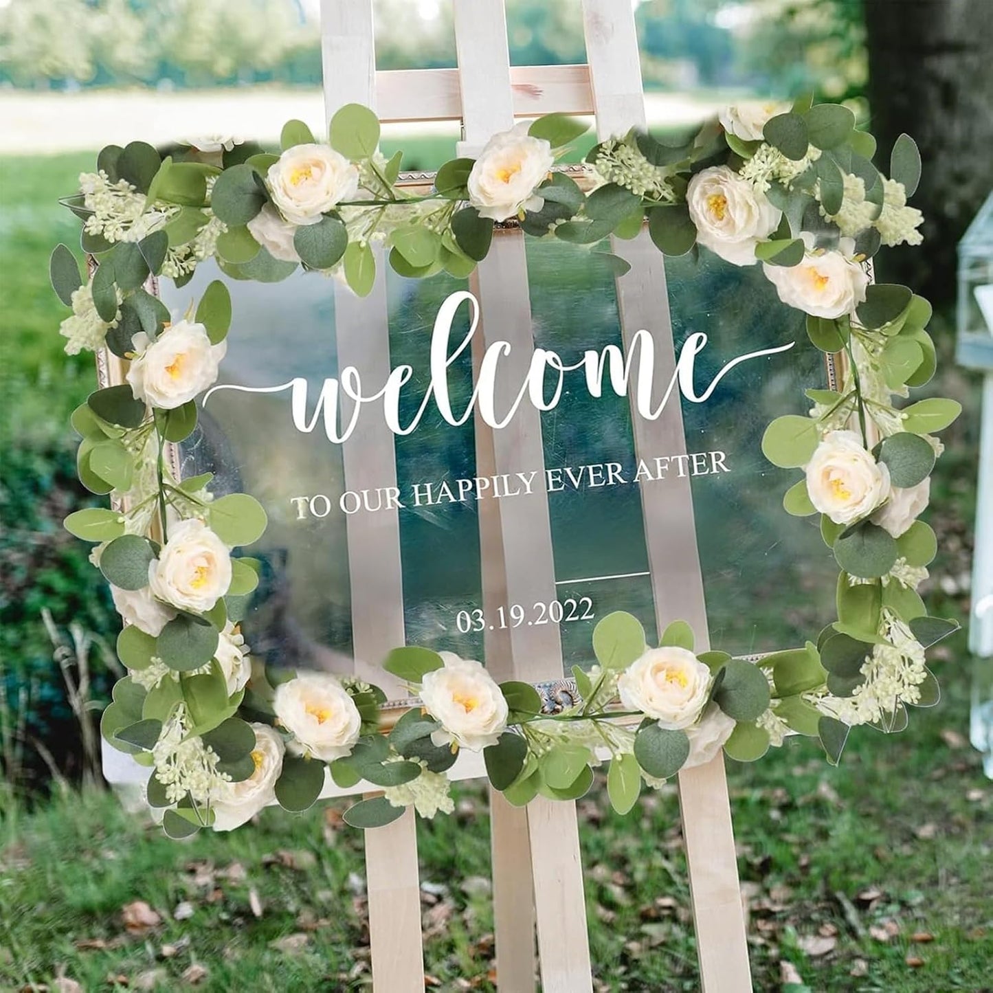 MAKHOT 2PCS 6.6Ft Artificial Eucalyptus Garland, Green Vines and Champagne Artificial Roses Combined to Form an Artificial Rose Garland for Wedding, Table, Party, Fireplace, and Home Decor.