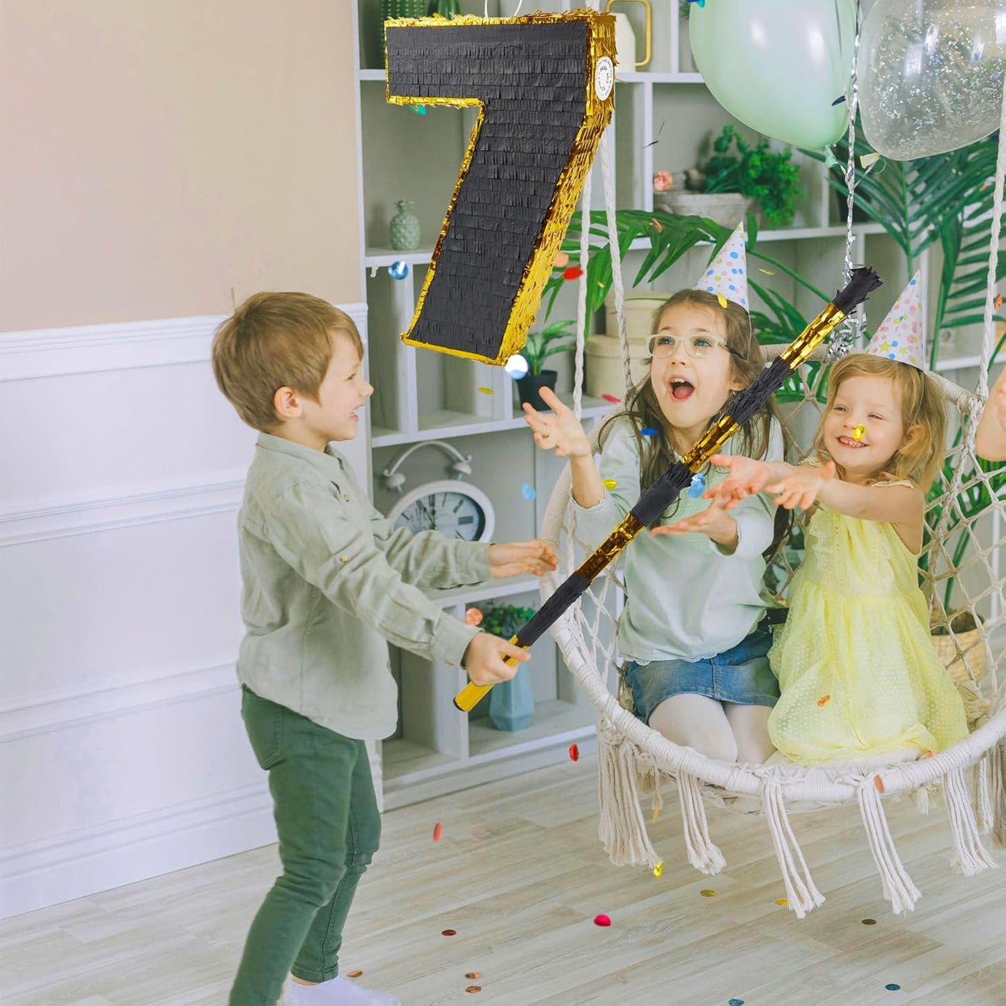 PCFING 20 Inch Number 7 Piñata Gold Black with 30 Inch Piñata Stick Blindfold Confetti for Man Women Boys Girls Birthday Party Decorations, Anniversary Celebration, Fiesta