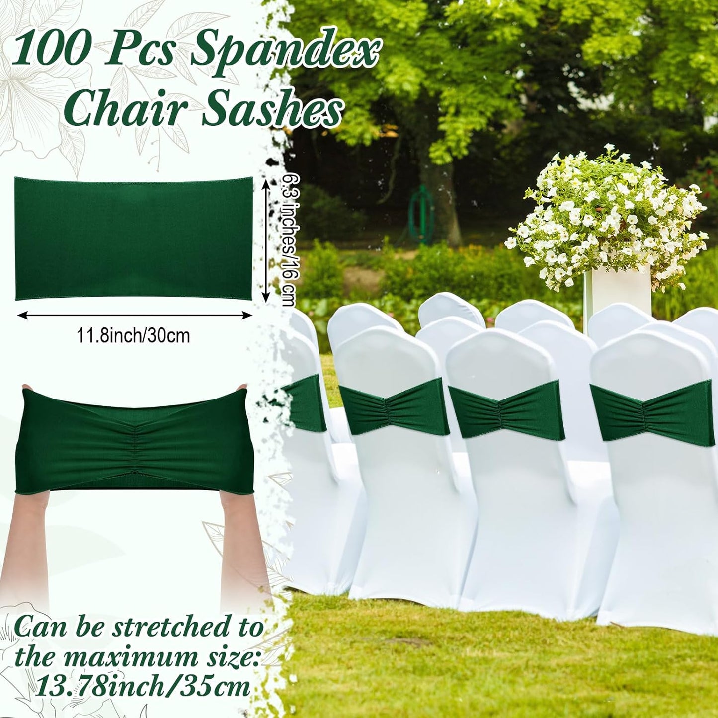 Moukeren 100 Pcs Spandex Chair Sashes Bows Bands Slider Sashes for Chair Covers Elastic Bands Ties Ribbon Decorations for Wedding Party Events Ceremony Birthday Banquet (Dark Green)