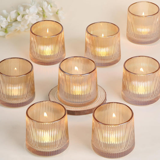 DARJEN Gold Ribbed Tealight Votive Candle Holders Set of 10- Tea Light Candle Holders Glass for Table Centerpiece, Votive Candle Holders for Home, Wedding & Fall Decor