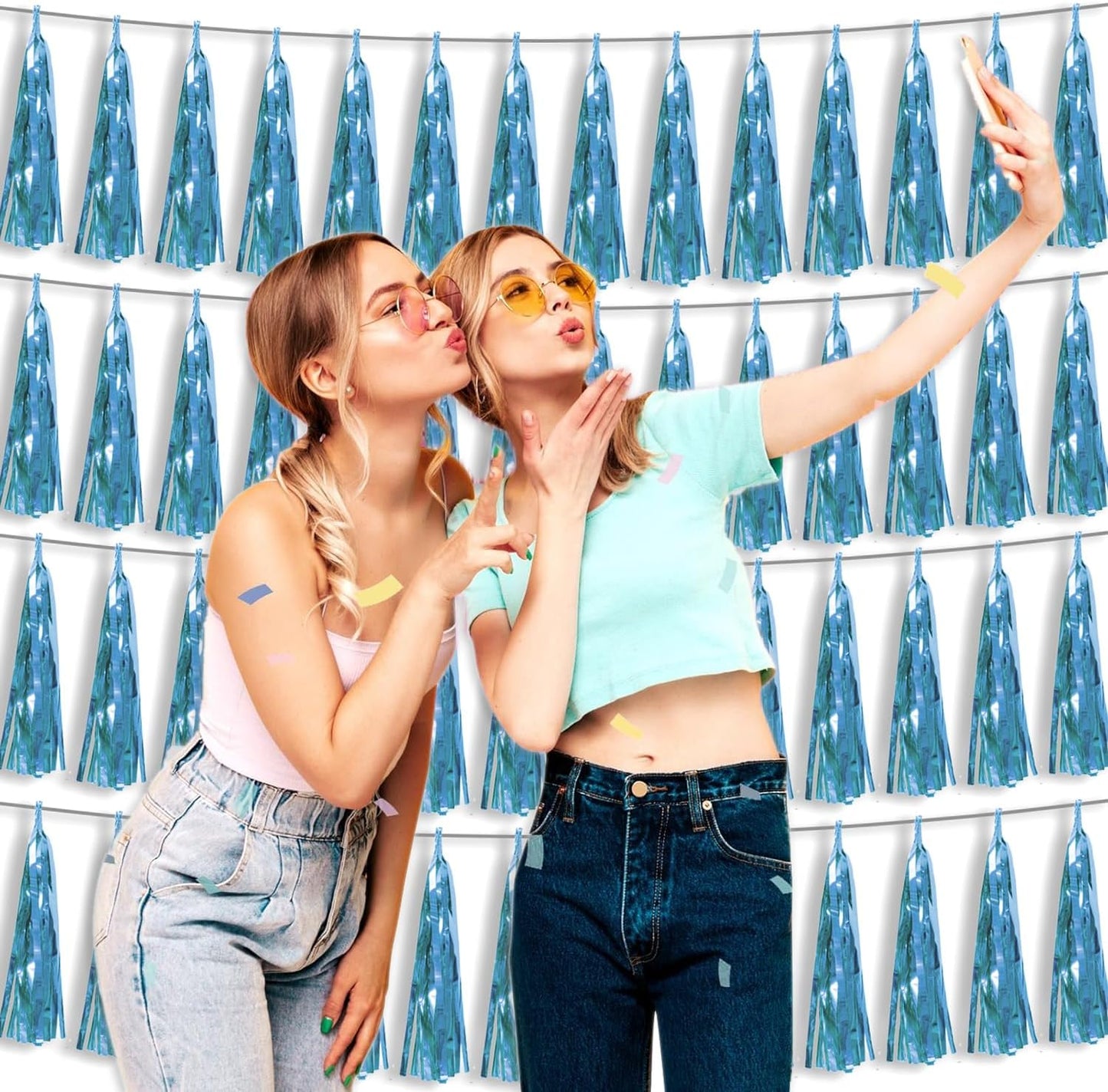 4P Light Blue Foil Fringe Tassel Banner Garland Metallic Tinsel Streamers Wall Hanging Curtain Backdrop Banner for Parade Floats, 2024 Graduation Decorations, Wedding Party Decoration