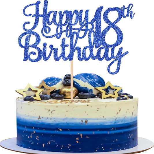 1 PCS Happy 18th Birthday Cake Topper Glitter Cheers to 18 Years Birthday Cake Pick 18 Fabulous Cake Decoration for Happy 18th Birthday Theme Party Decorations Supplies Blue