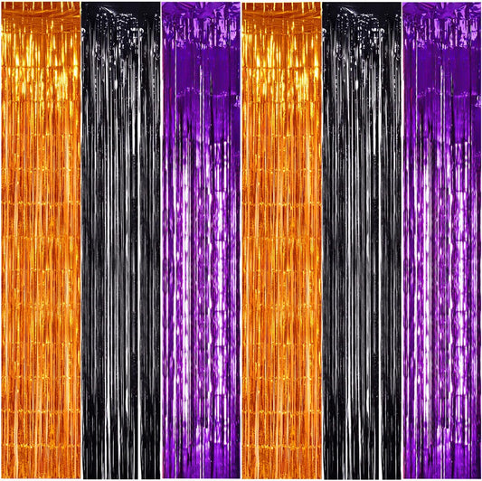 TONIFUL 2Pcs Orange Purple Black Metallic Tinsel Foil Fringe Curtains,3.28ft x 6.56ft Halloween Photo Booth Backdrop Streamer,Photo Props,for Party Door Wall Curtains Wedding Birthday(9.9ft x 6.6ft)