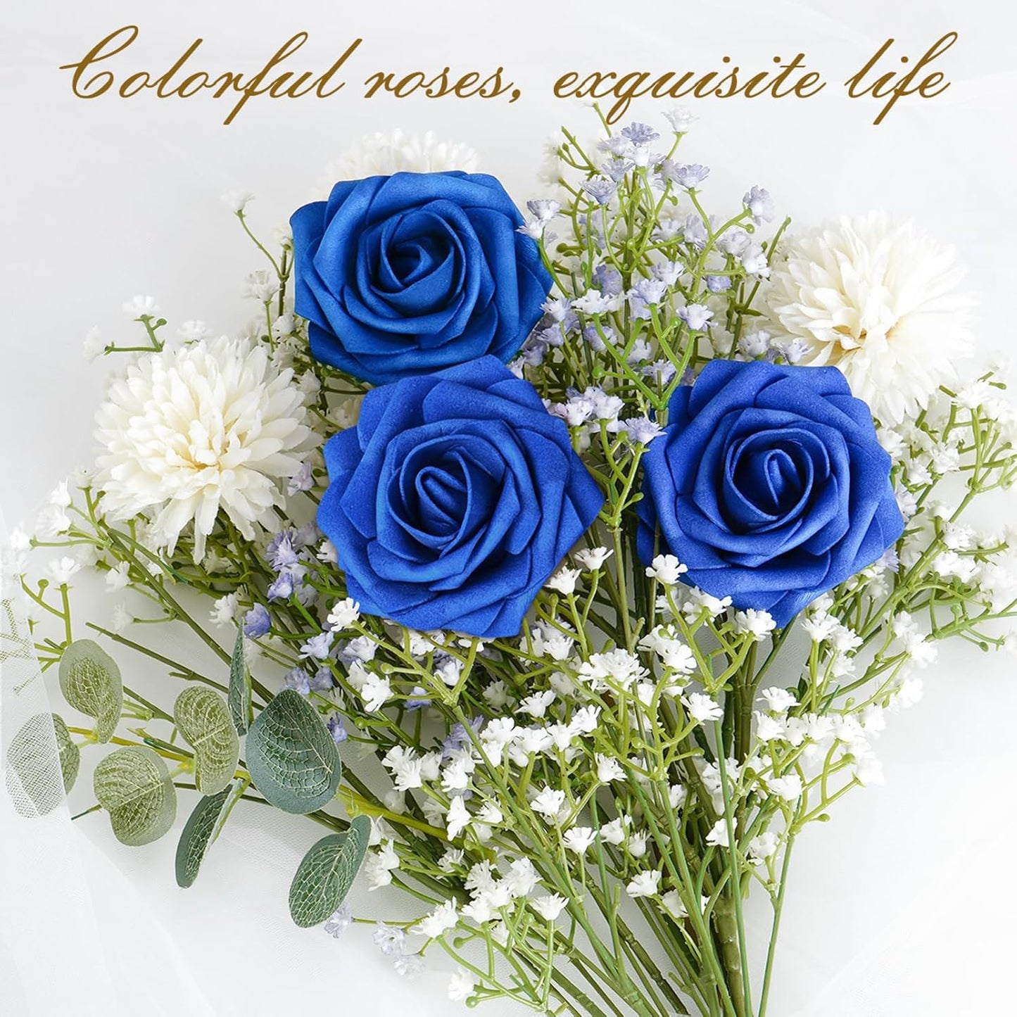 BLEUM CADE 16Pcs Artificial Flowers Fake Roses with Stems, Royal Blue Boxed Foam Roses for DIY Bouquets Centerpieces Wedding Party Arrangement Bridal Shower Decor