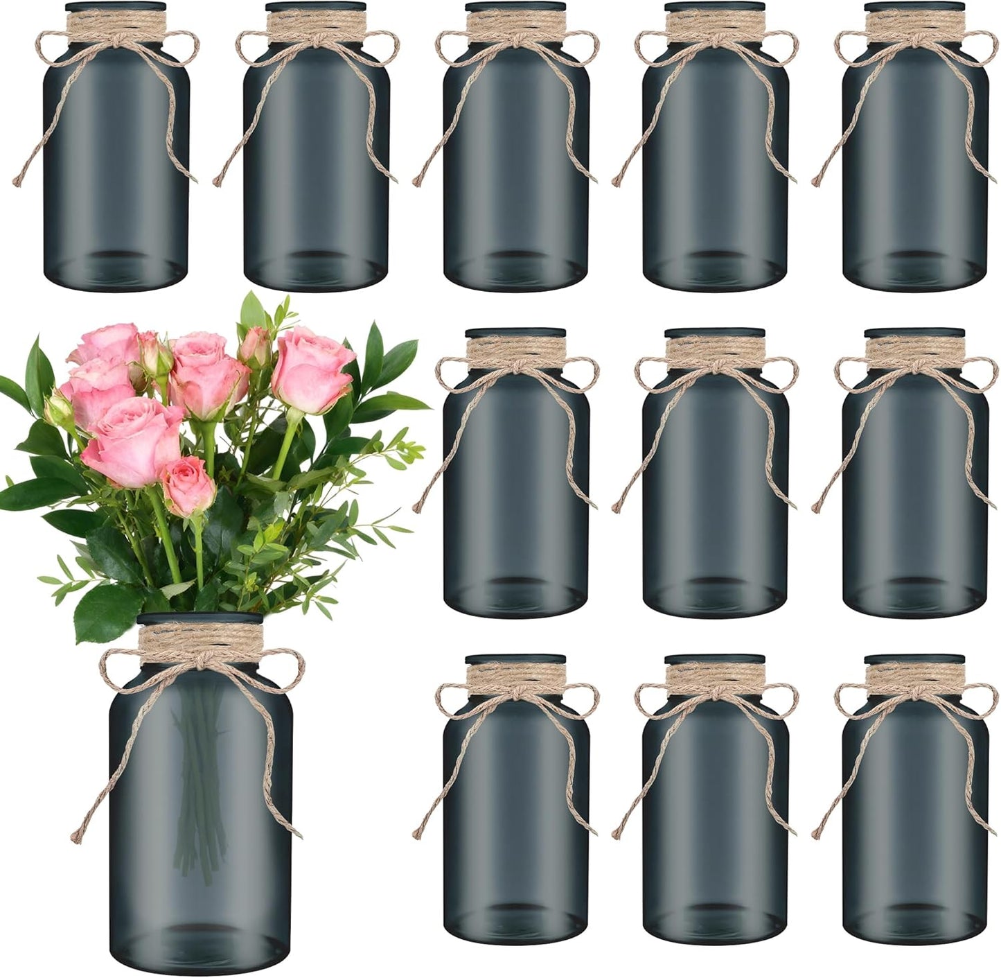 Vintage Glass Flower Vase，12 Pack Farmhouse Black Glass Centerpiece Vases Mason Jars for Halloween Weddings, Parties & Home Decor Bulk (12, Black)