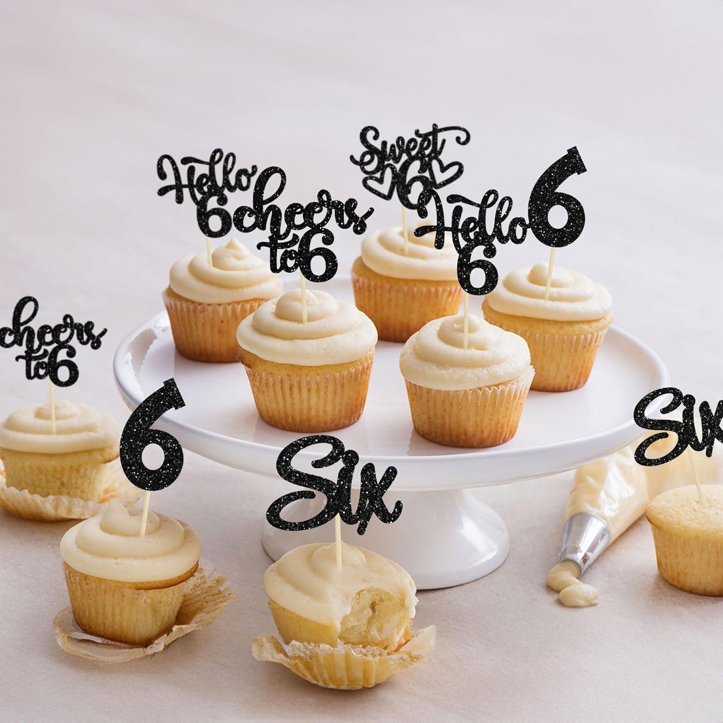 30Pcs 6th Birthday Cupcake Toppers Glitter Six Hello 6 Cupcake Picks Cheers to 6 Years Old Cake Decorations for 6th Birthday Party Supplies Black