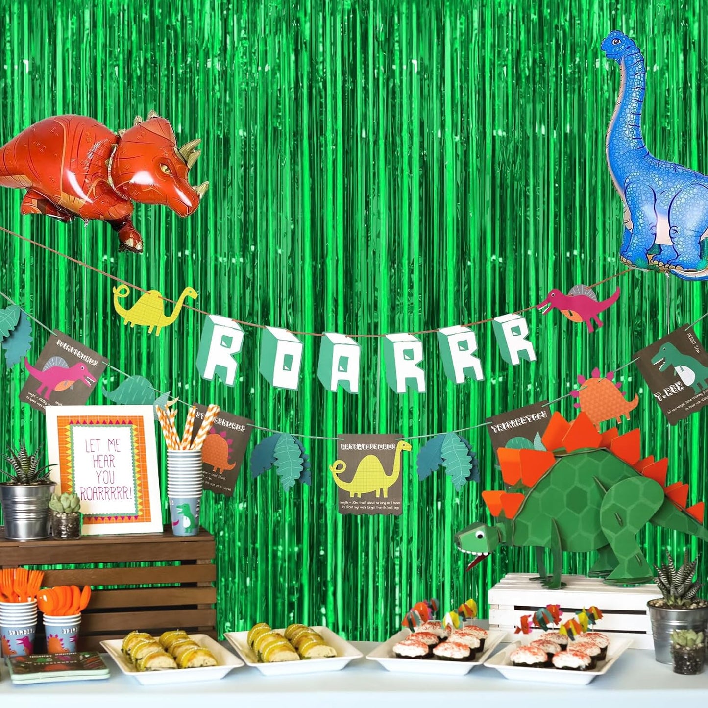 Green Streamers Party Decorations - Thicken 4 Pack 3.2 x 8.2 FT - Tinsel Foil Fringe Curtains Party Backdrop for Birthday, Dinosaur, Jungle, Football, Golf Party Decorations