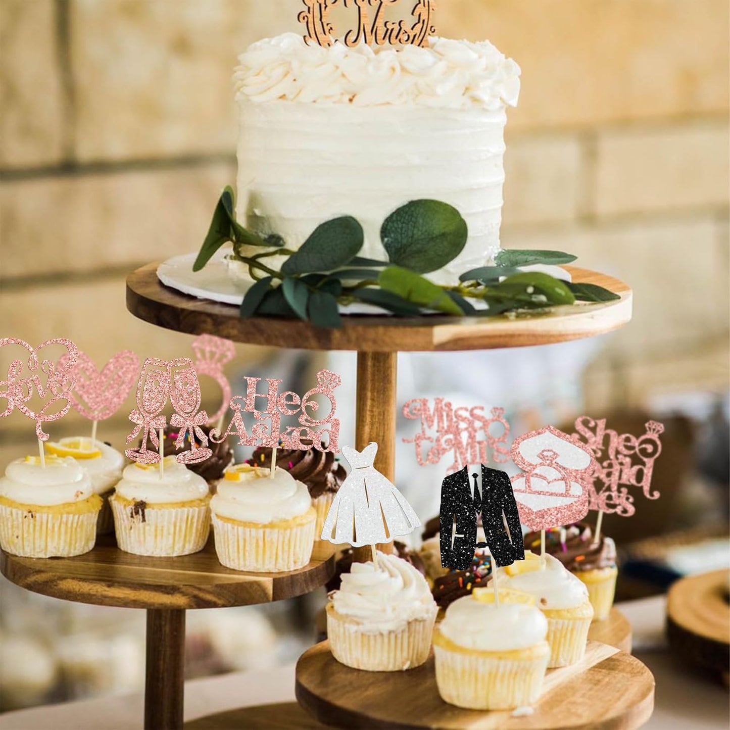 Gyufise 30Pcs She Said Yes Cupcake Toppers Glitter Diamond Ring I Do Love Cupcake Picks Miss to Mrs He Asked Bridal Shower Wedding Engagement Bachelorette Cake Decoration Rose Gold