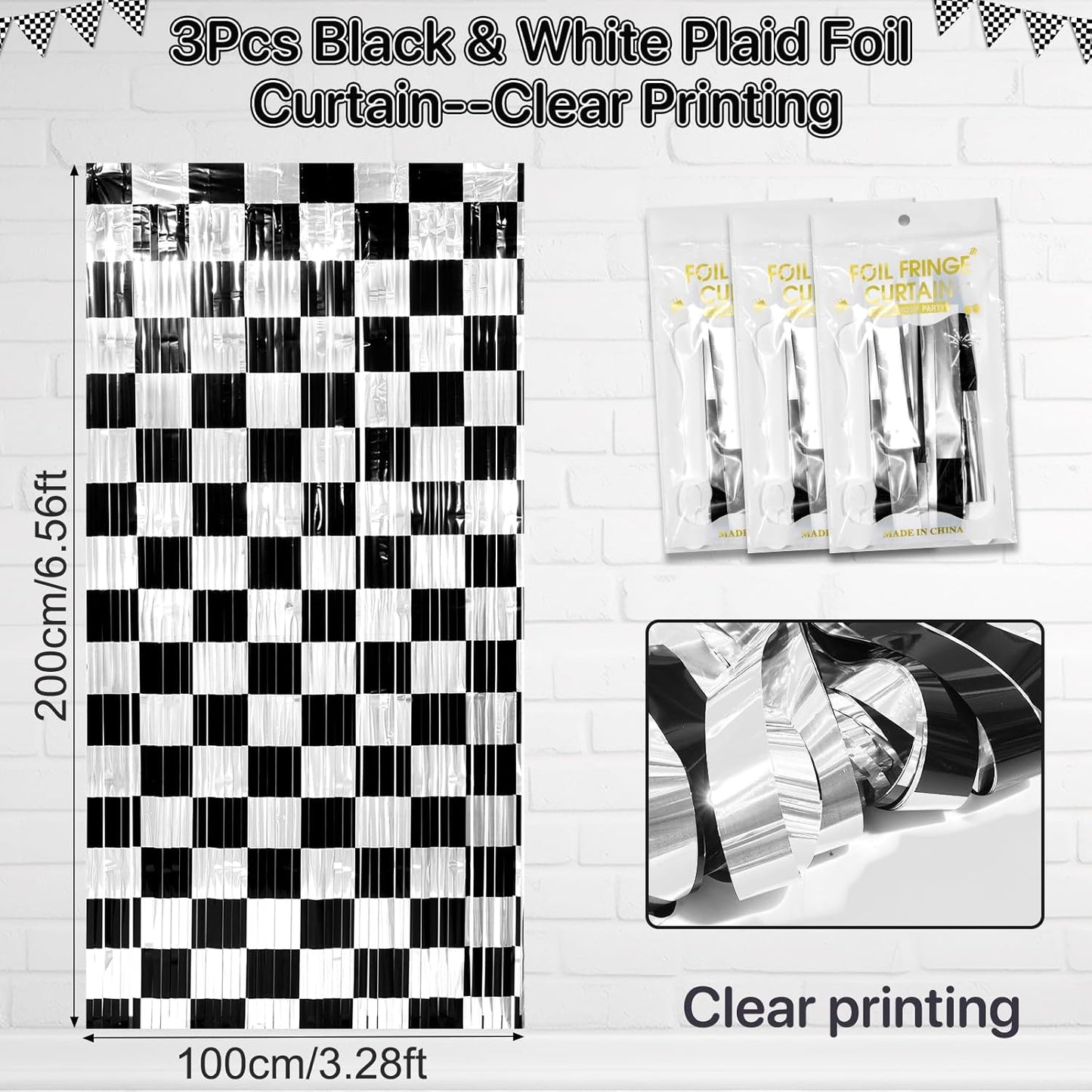 3 Pack 3.3Ft x 6.6Ft Race Car Checkered Foil Fringe Curtain Backdrop Decorations, Black White Metallic Tinsel Foil Streamers Curtain Photo Booth for Race Car One Happy Dude Birthday Party Decorations