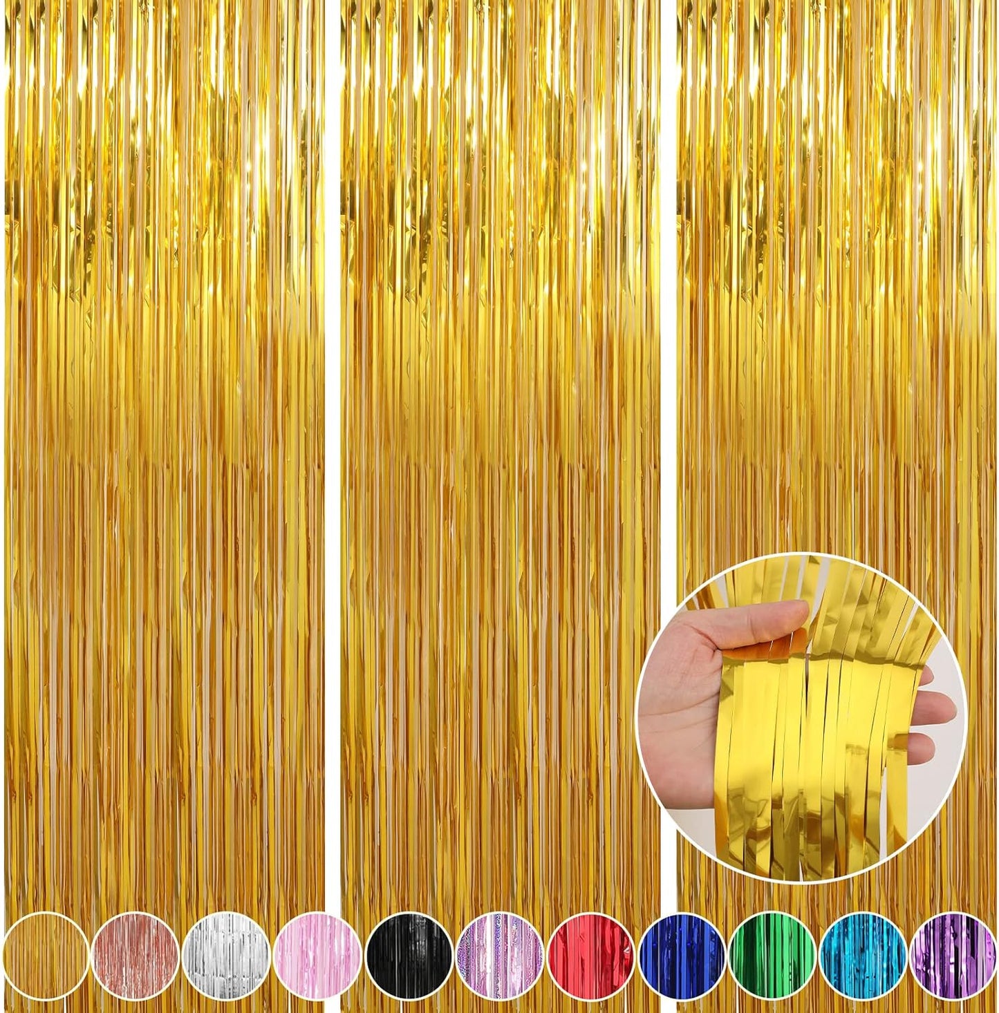 Crosize 3 Pack 3.3 x 9.9 ft Gold Foil Fringe Glitter Curtains Party Decorations, Tinsel Backdrop for Parties, Door Streamers for Birthday, Photo Booth Backdrops, Party Decor