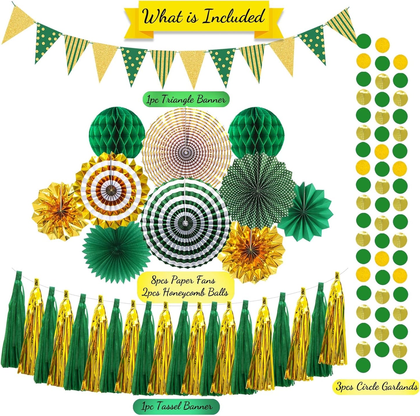 Paper Fans Party Decorations Glitter Paper Triangle Flag Pennant Banner Tassel Garland Circle Banners Party Supplies for Bachelorette, Birthday, Engagement Wedding, Baby Bridal Shower Green Gold
