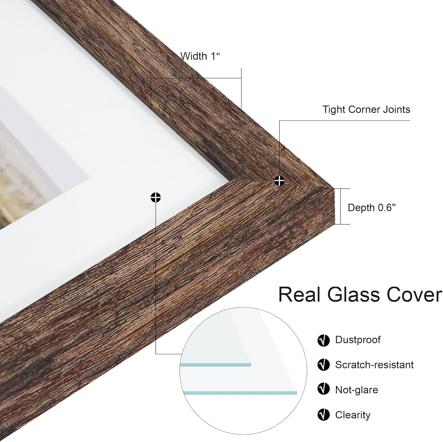 8.5x11 Picture Frame Set of 2, Rustic Brown Certificate Document Frames with Glass Collage Frame, Display Pictures Two 5x7 With Mat or 8.5 x 11 Without Mat for Wall Hanging or Tabletop