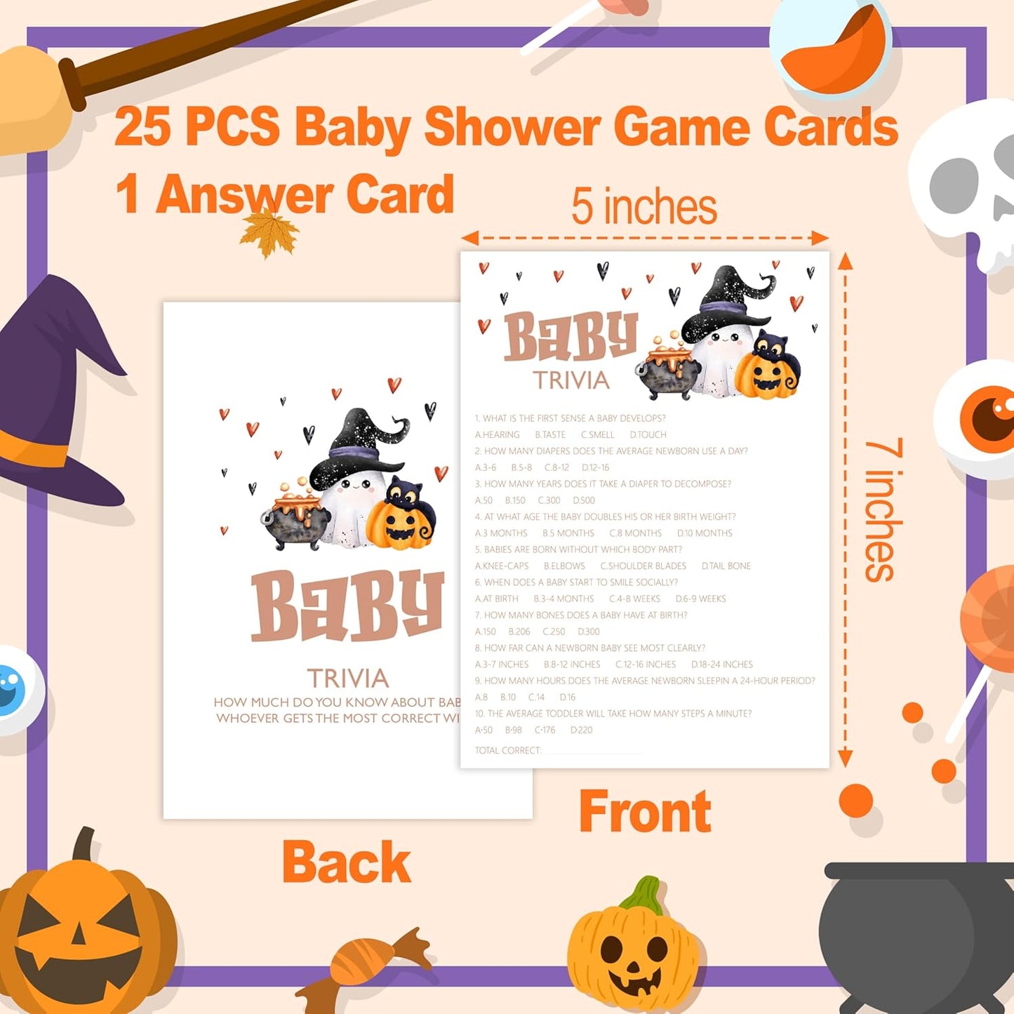 Baby Shower Games, Halloween Baby Trivia, 25 Double-Sided Game Cards + 1 Answer Card for Gender Reveal Party Decorations Supplies Announcement - B05