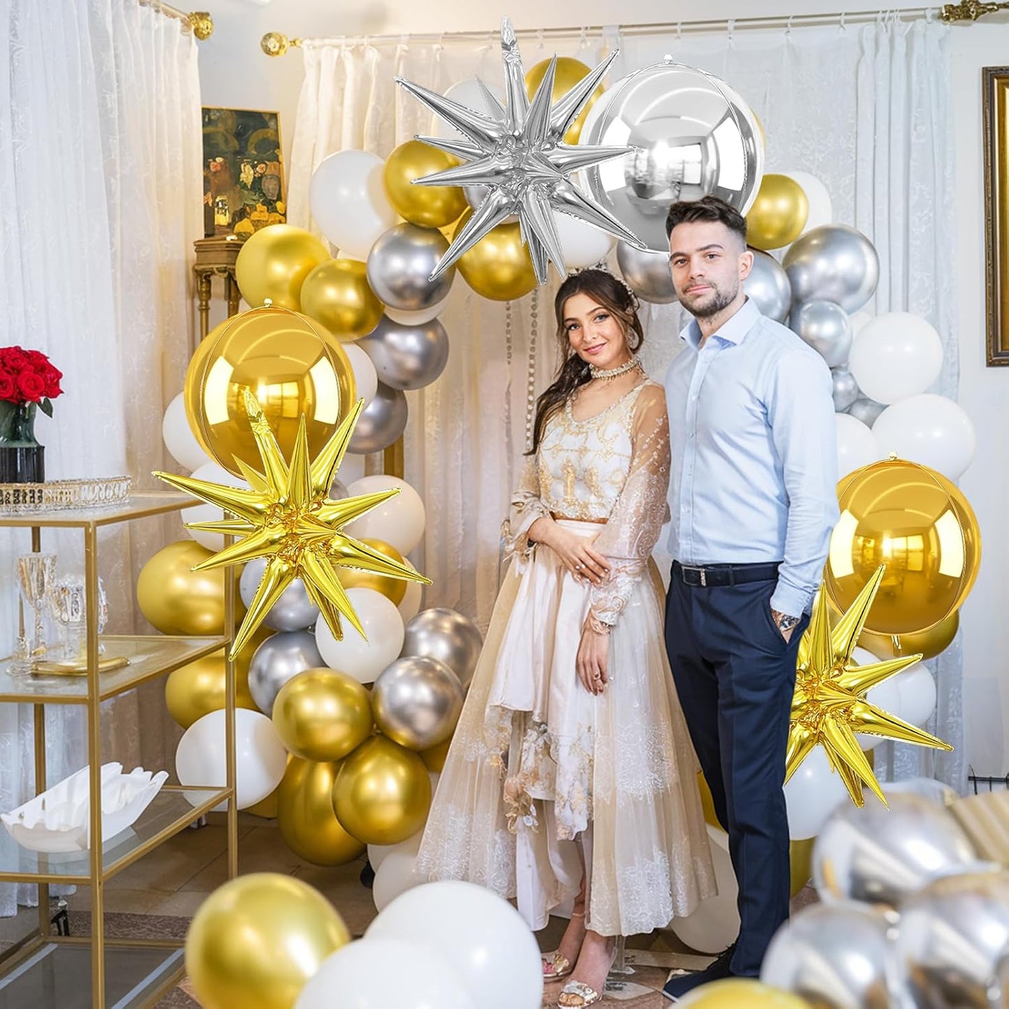 6Pcs Gold Silver Foil Balloons,22Inch Silver Gold 4D Round Ball Balloon and Explosion Star Balloon for Birthday Wedding Baby Shower Prom Party Anniversary Decorations