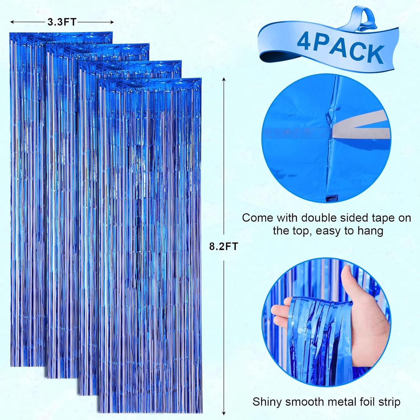 4 Pack Blue Foil Fringe Backdrop Curtains, Tinsel Streamers Birthday Party Decorations, Fringe Backdrop for Graduation, Baby Shower, Gender Reveal, Disco Party