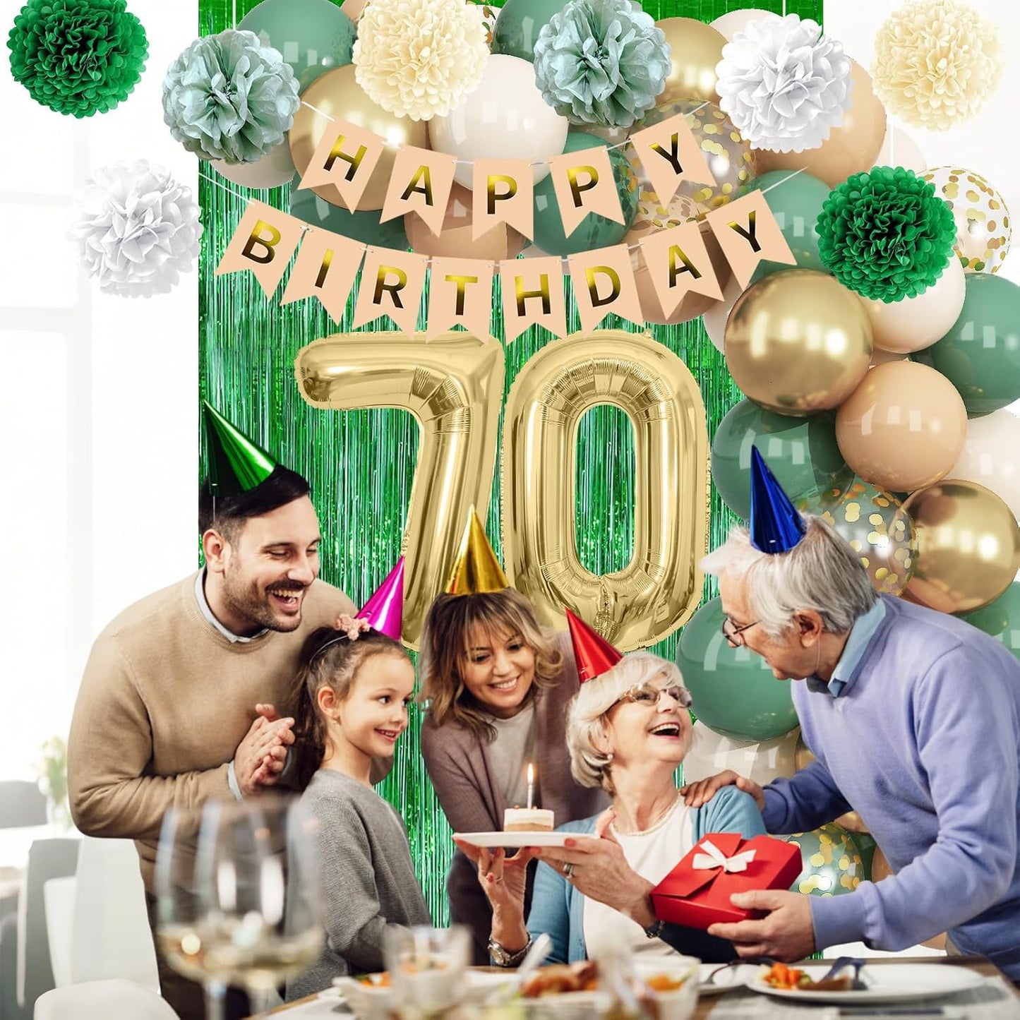 Sage Green 70th Birthday Decorations for Men Gold Number 70 Balloon Nude Gold Happy Birthday Banner Fringe Curtain Paper Pom Poms Olive Green Cream White Sand Star Foil Balloons Party Decor