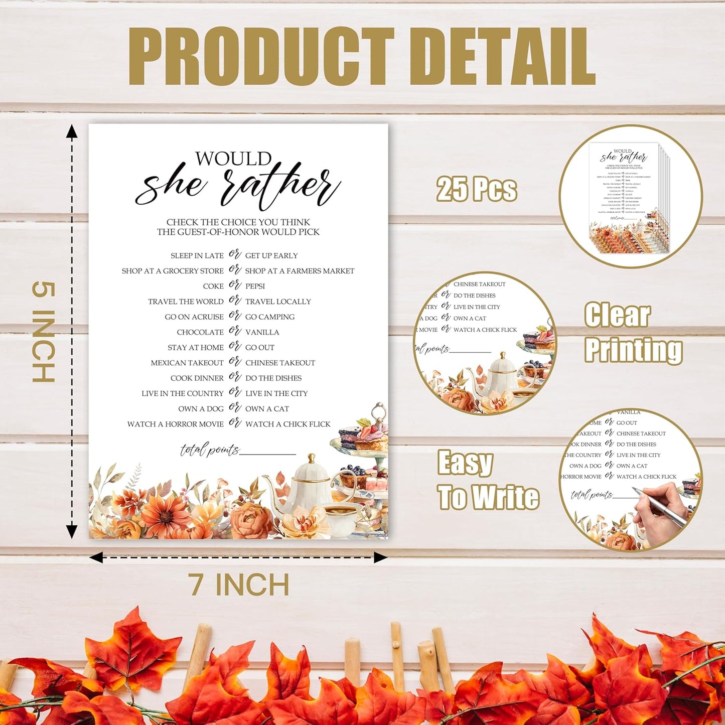 Fall Bridal Shower Games Cards, Would She Rather Wedding Bachelorette Party Games, Fall in Love Bridal Shower Decorations, 25 Cards, G01