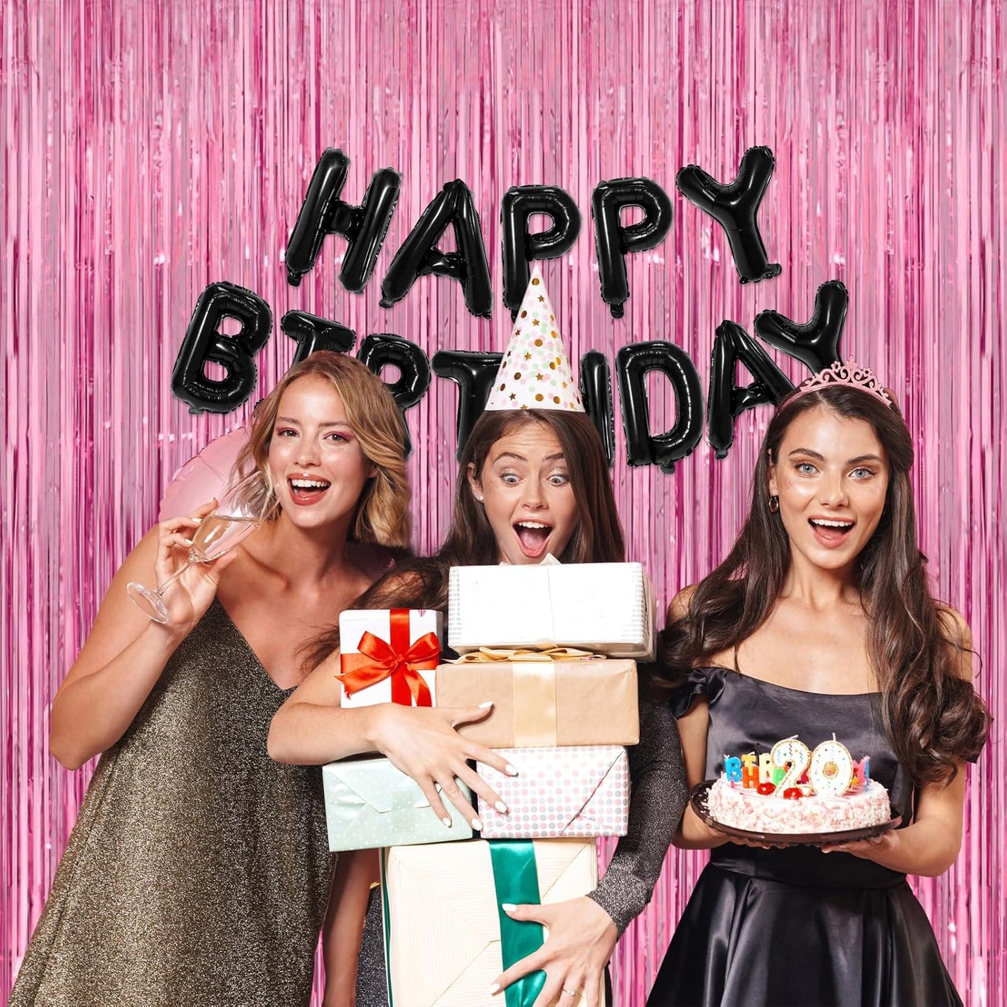 Pink Streamers Party Decorations - Thicken 4 Pack 3.2 x 8.2 FT - Pink Tinsel Foil Fringe Curtains, Photo Booth Props Backdrops for Birthday, Bachelorette, Graduation, Baby Shower Party Decorations