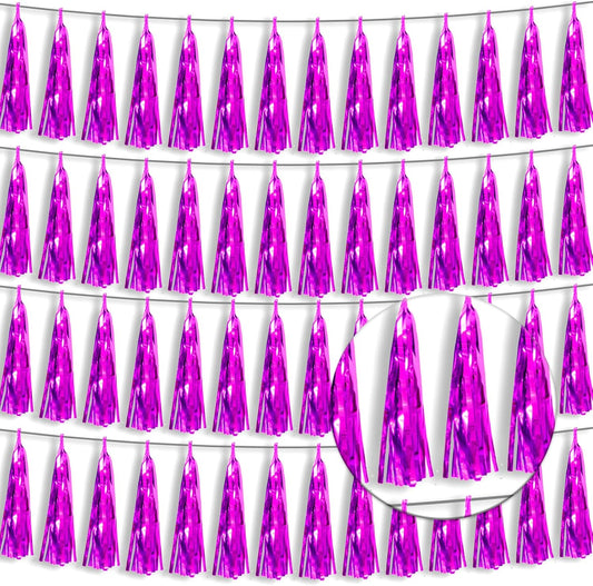 4P Hot Pink Foil Fringe Tassel Banner Garland Metallic Tinsel Streamers Wall Hanging Curtain Backdrop Banners for Parade Floats, 2024 Graduation Decorations, Wedding Party Decoration