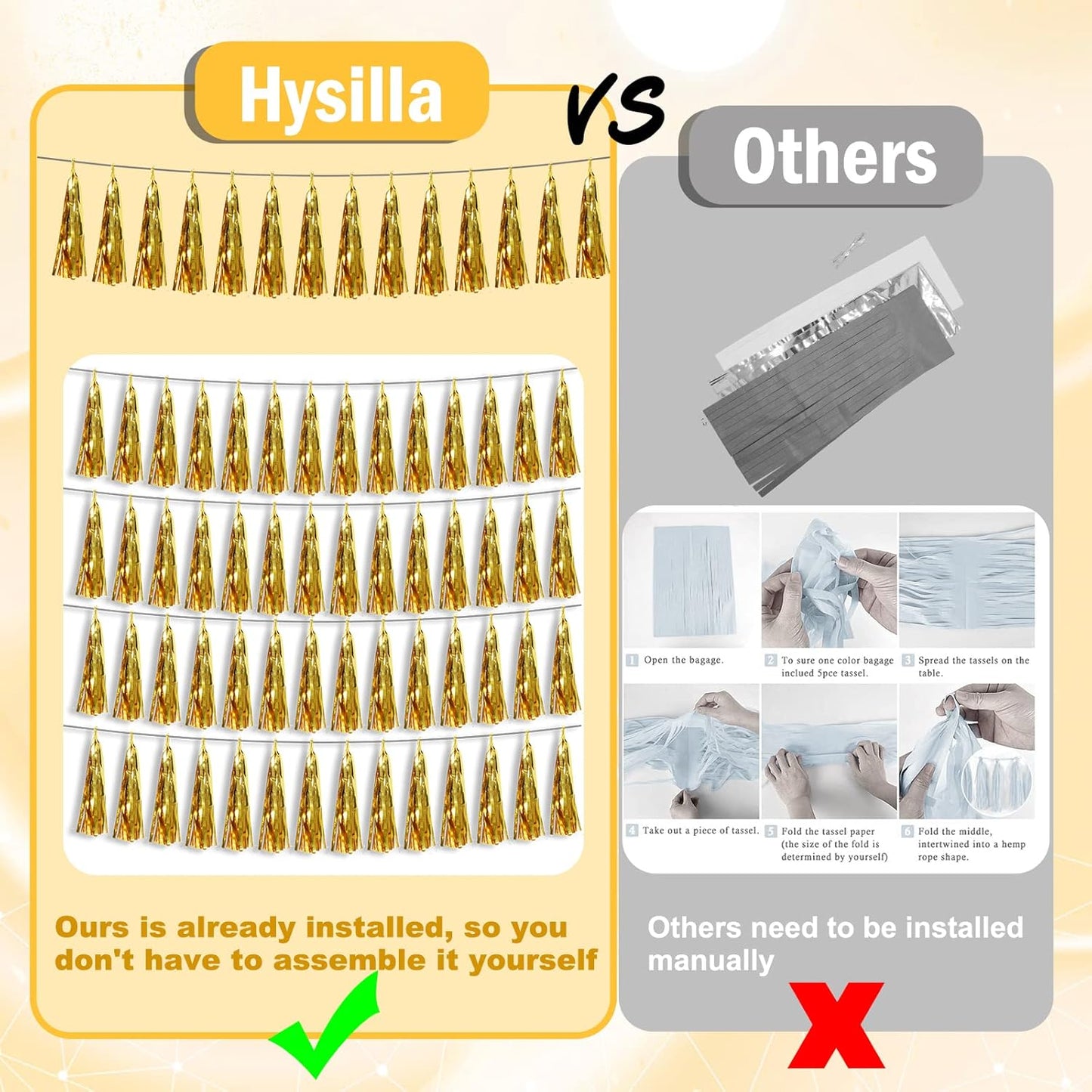 6P Gold Party Decoration Tassel Garland for Parade Floats, Bachelorette, Wedding, Birthday, Halloween, Christmas, Bridal/Baby Shower Party Decorations