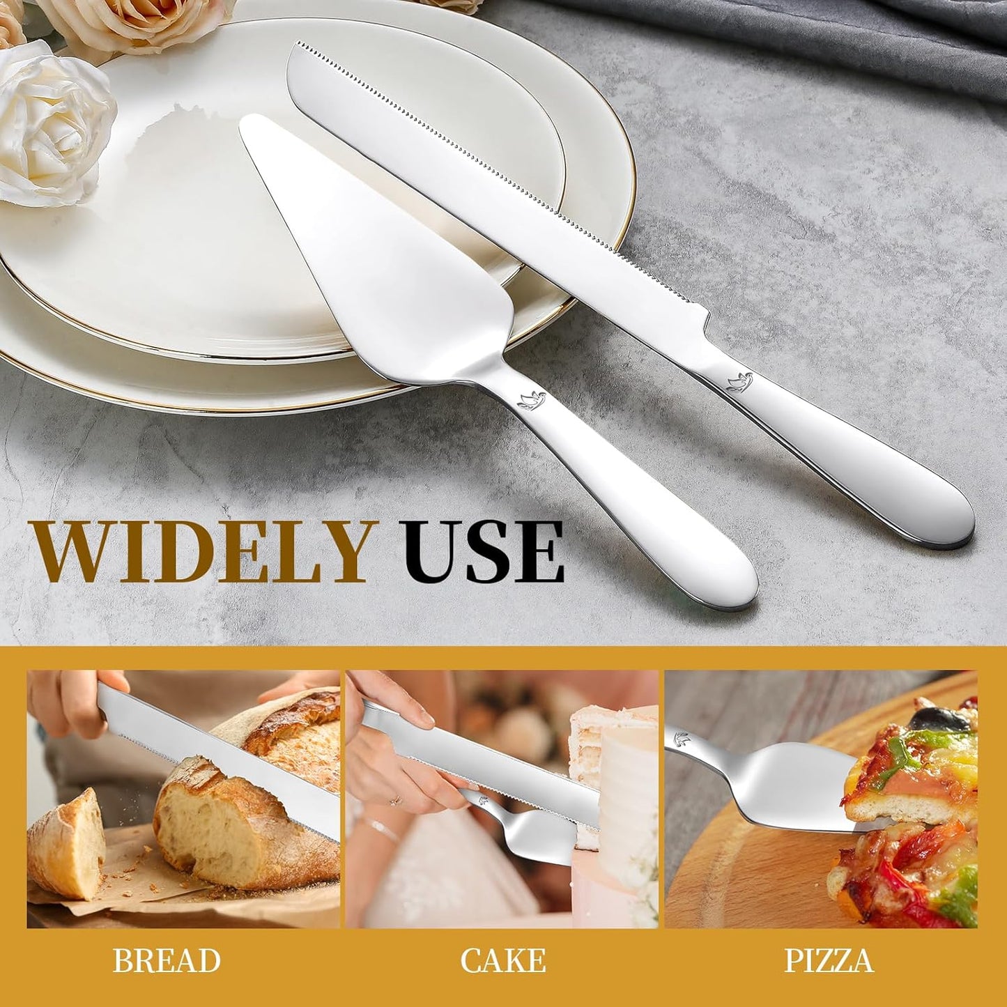 Cake Cutting Set for Wedding - Extended Cake Knife and Server Set Thickened Stainless Steel 13.0" Cake Cutter 10.49" Pie Spatula Great for Birthday Anniversary Christmas Gift 2 Pcs Silver