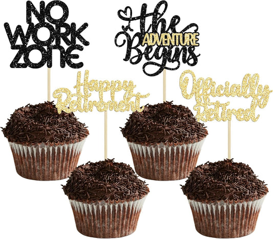 24Pcs Happy Retirement Cupcake Toppers Officially Retired Cake Toppers No Work Zone Adventure Begins Cupcake Picks Retirement Theme Farewell Birthday Party Decorations Supplies Black Gold