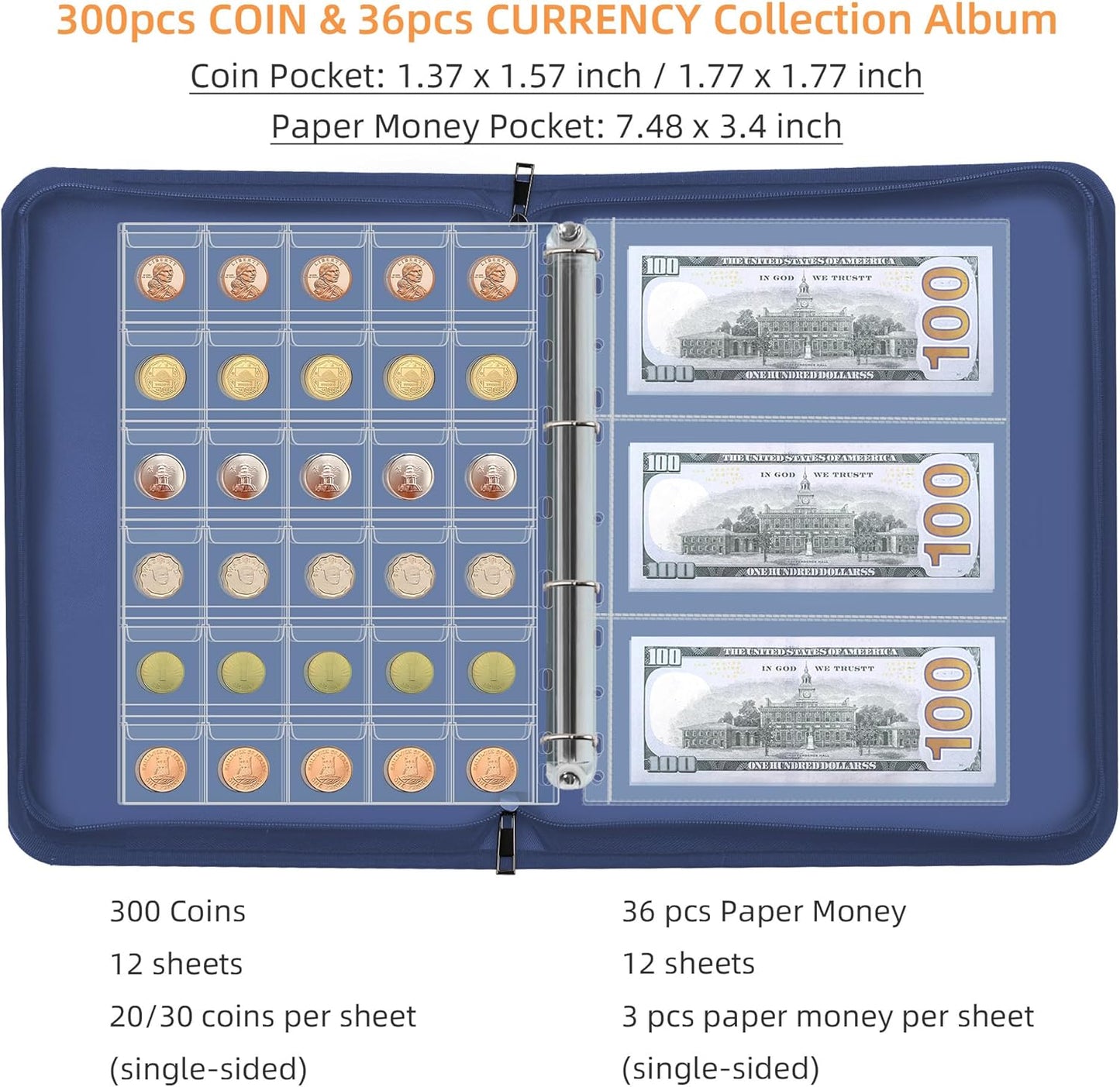 Coin Collection Book Holder for Collectors, 300 Pockets Fireproof Coins Collecting Album & 36 Sleeves Money Storage Case for Coin Currency Collection Supplies, Bill, Pennies, Quarters, Stamp,Blue