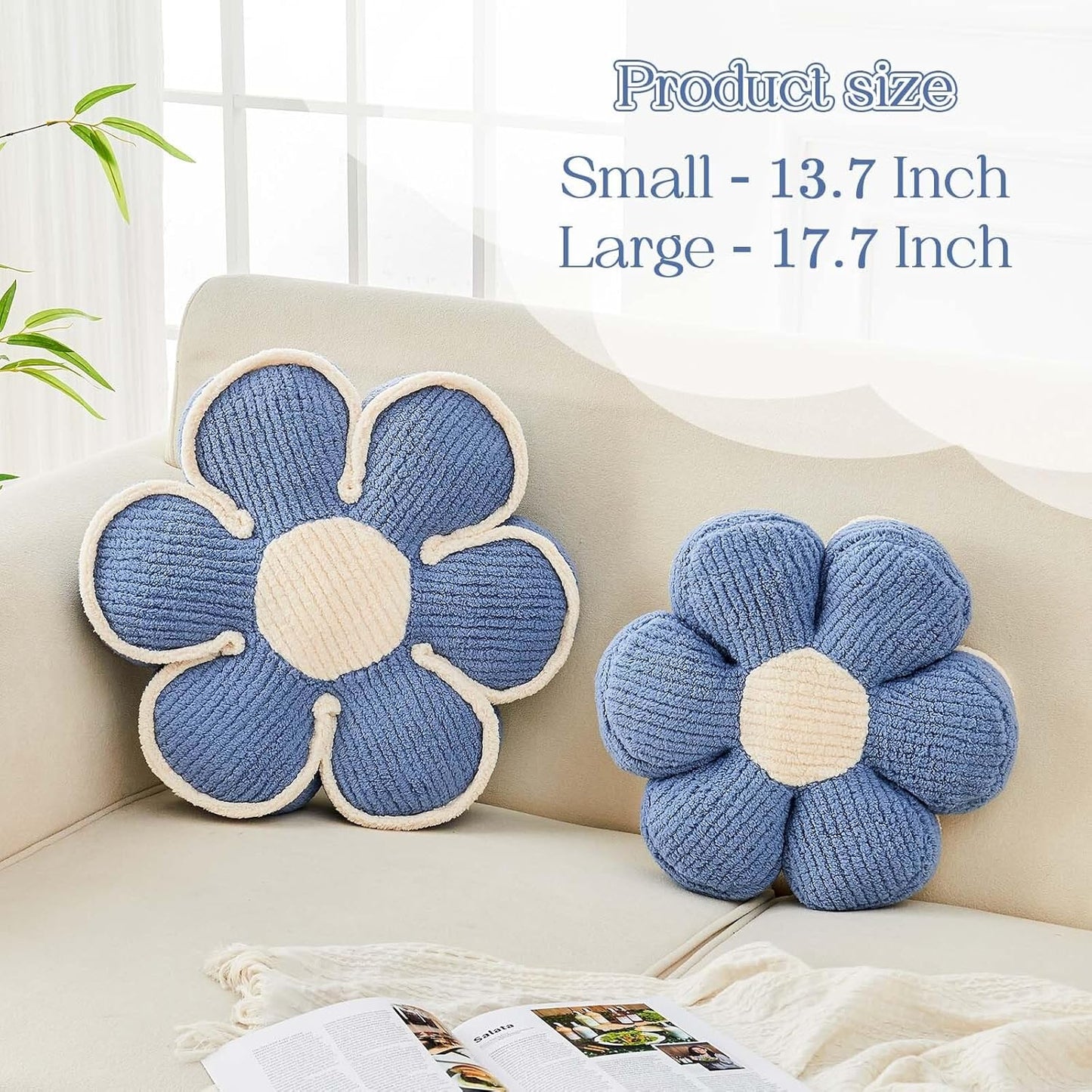 Flower Pillow, Soft Flower Decorative Throw Pillow, Cute Daisy Flower Shaped Seating Floor Cushion Room Décor Plush Pillows for Sofa Couch Bed (13.7 Inch, Blue)