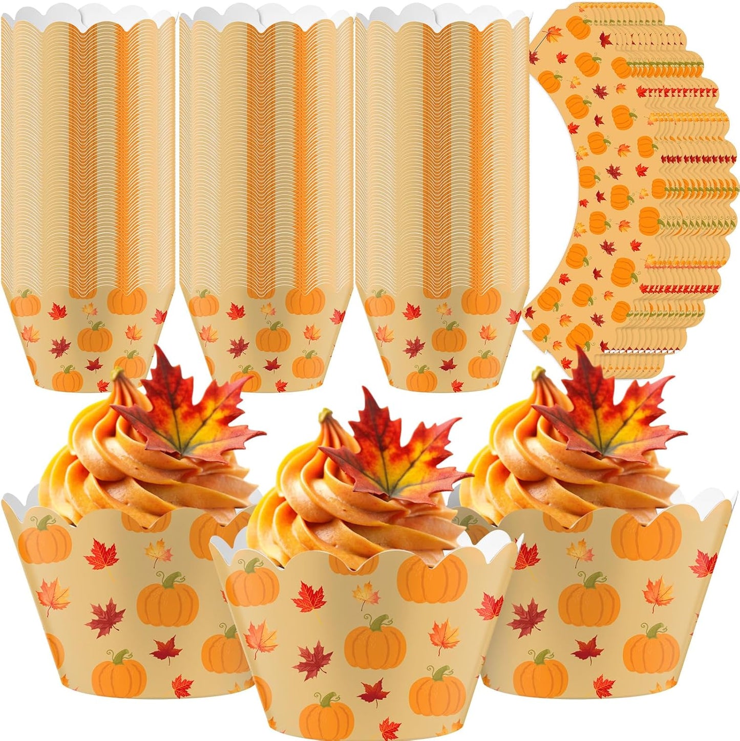 Domensi 100 Pcs Fall Pumpkin Maple Leaf Cupcake Wrappers Rustic Cupcake Liners Thanksgiving Baking Cups Baking Liners for Autumn Wedding Bridal Baby Shower Birthday Party Supplies Dessert Decoration