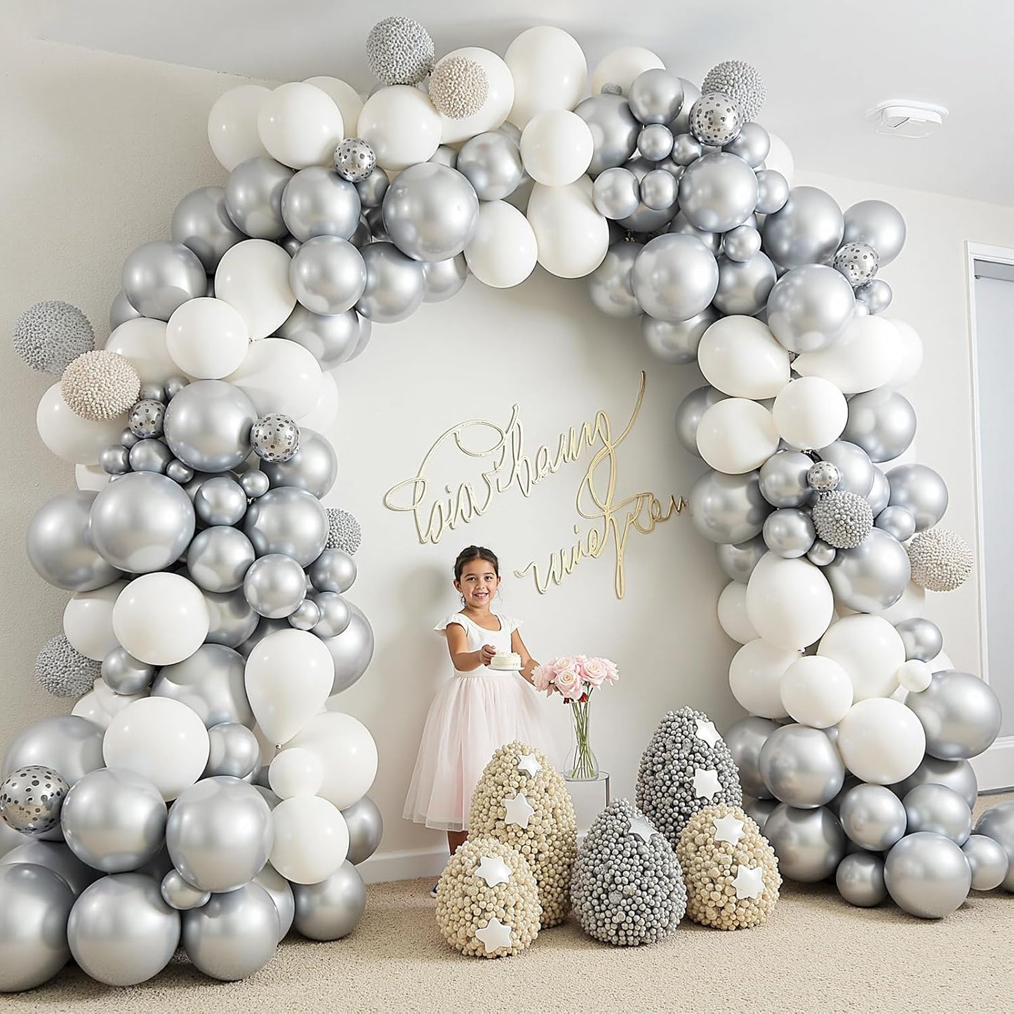 412Pcs White and Silver Balloons Arch Kit, 18 12 10 5 Inch White Metallic Silver Latex Balloon for Wedding Bridal Shower Engagement Anniversary Birthday Party Decorations