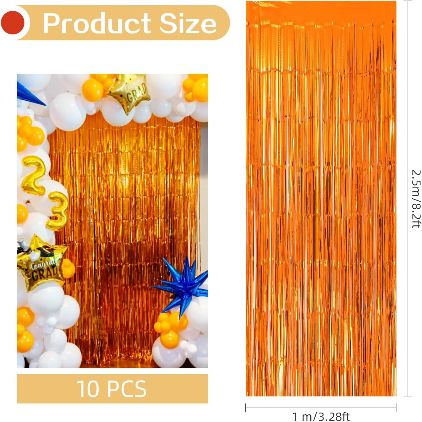 10 Pack Orange Backdrop Curtain 3.2ft x 8.2ft Metallic Tinsel Foil Fringe Curtains Photo Booth Background for Birthday Party Decoration Baby Shower Engagement Wedding Christmas Decoration (Orange)
