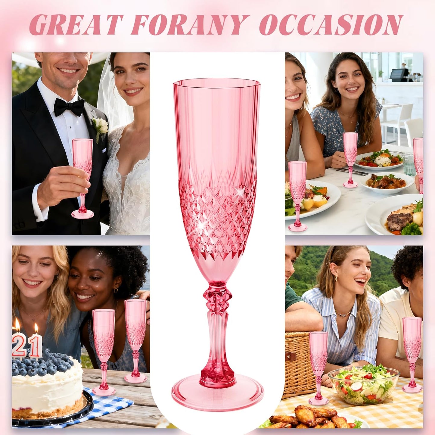 Plastic Champagne Flutes, 24PCS Red Wine Glasses Goblets Cups Reusable Flute, for Weddings Bachelor Parties Toasting and Events(24, Red)