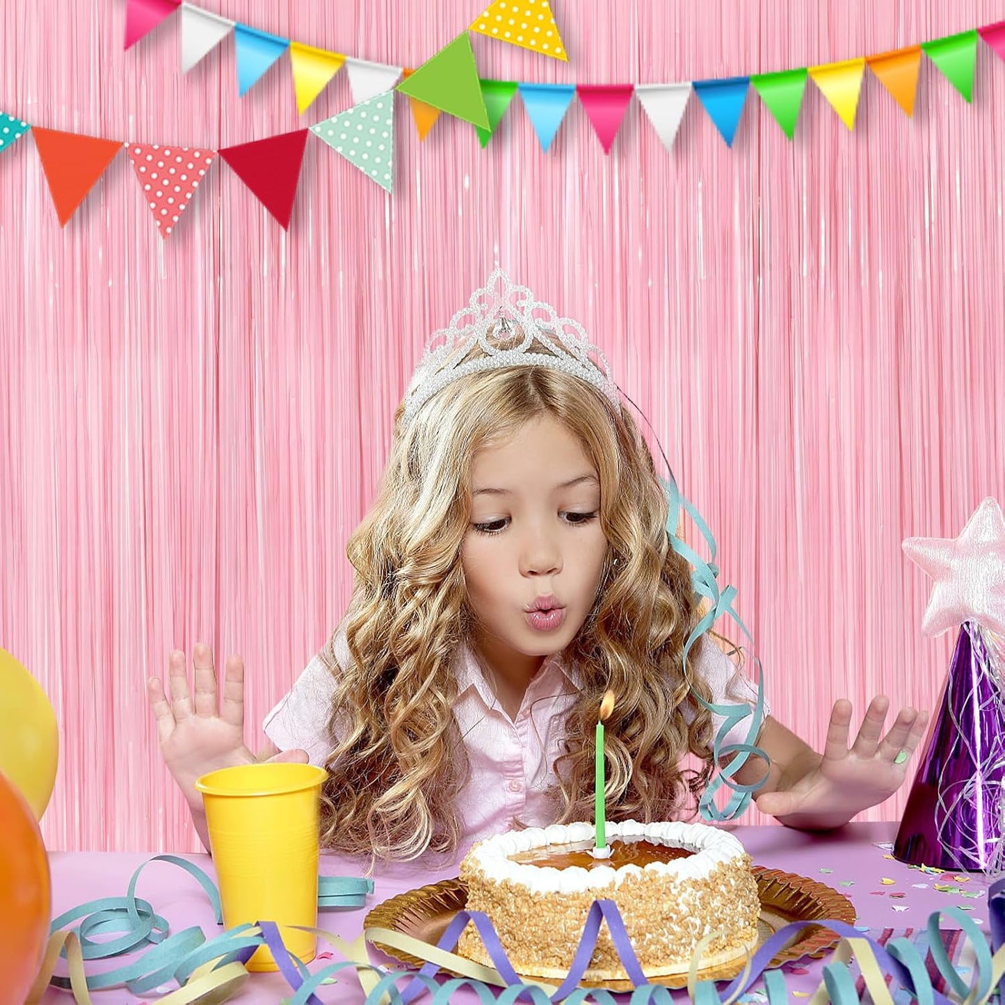 2Pack Pastel Pink Metallic Tinsel Foil Fringe Curtains, 3.3 X 8.3ft Pink Party Streamers Backdrop Curtains for Birthday Party Decorations, Halloween Decor, Foil Curtain Backdrop for Bachelorette Party