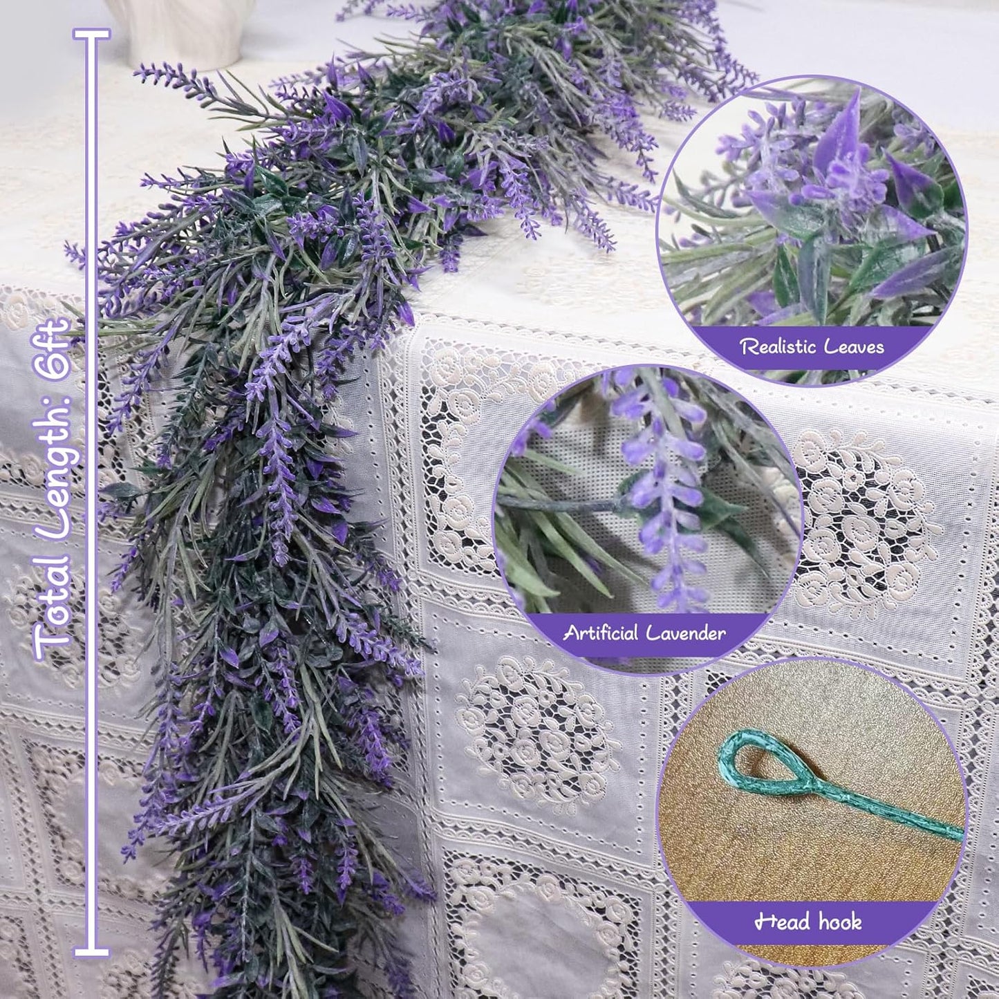 MAKHOT Spring Summer Lavender Purple Garland, 6Ft Lavender Artificial Green Garland, Fake Silver LavenderLeaves Vines for Wedding Mantle Party Arch Porch Stair Table Door Home Decor (Light Purple)