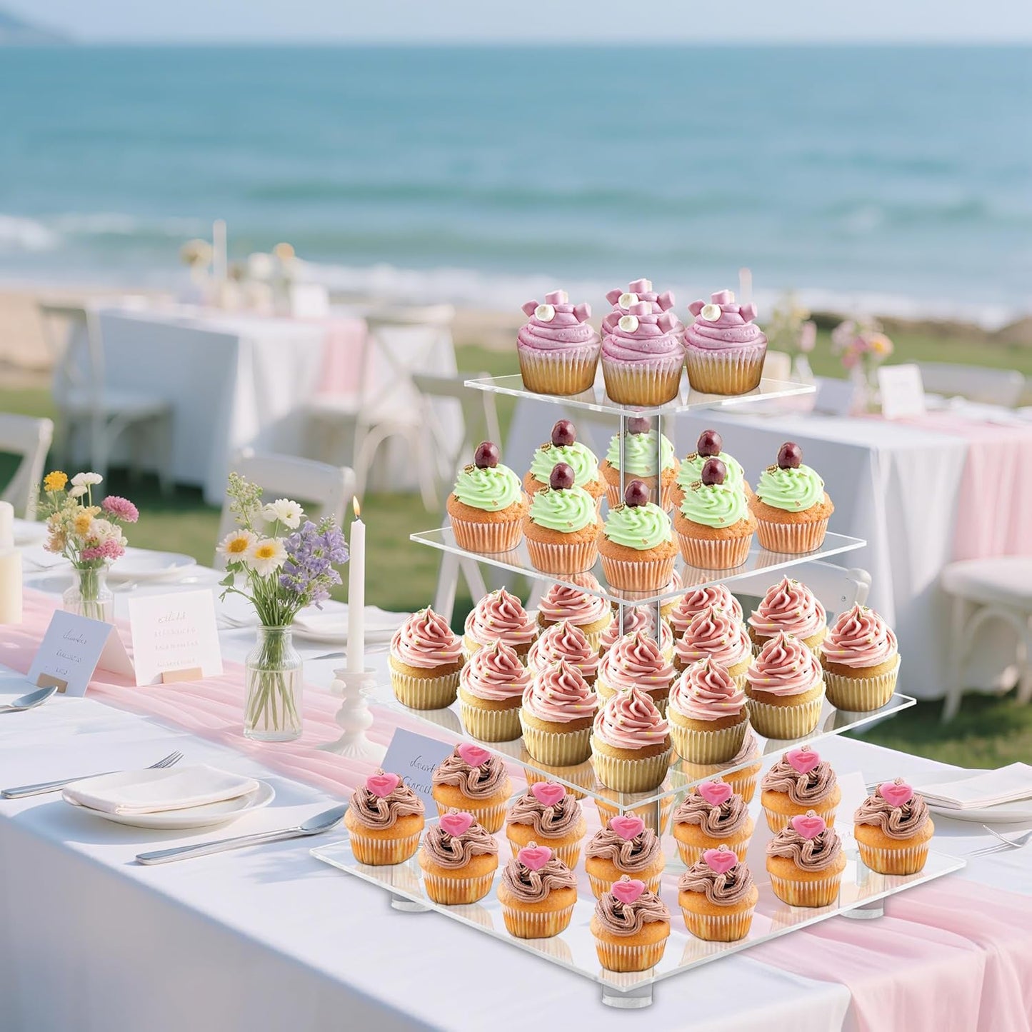 YestBuy 4 Tier Acrylic Cupcake Stand with Base, Premium Cupcake Holder, Acrylic Cupcake Tower Display Cady Bar Party Décor – Display for Pastry(4.7" Between 2 Layers)…