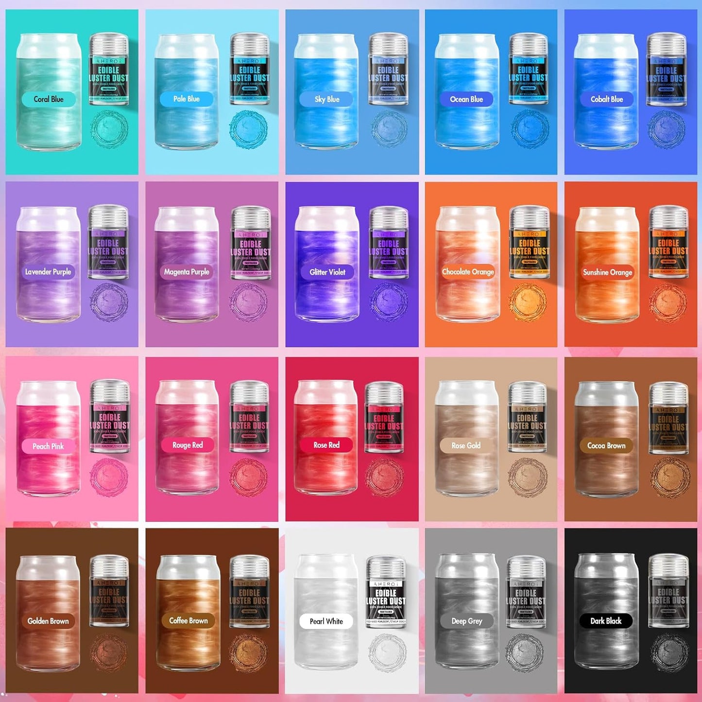 Aheroi Edible Glitter, 30 Colors Luster Dust Edible Glitter Pack for Drinks, Food Glitter Edible Shimmer Dust Powder, Edible Dust for Cocktail Chocolate Fondant Cake Decorating（4g/0.14oz）