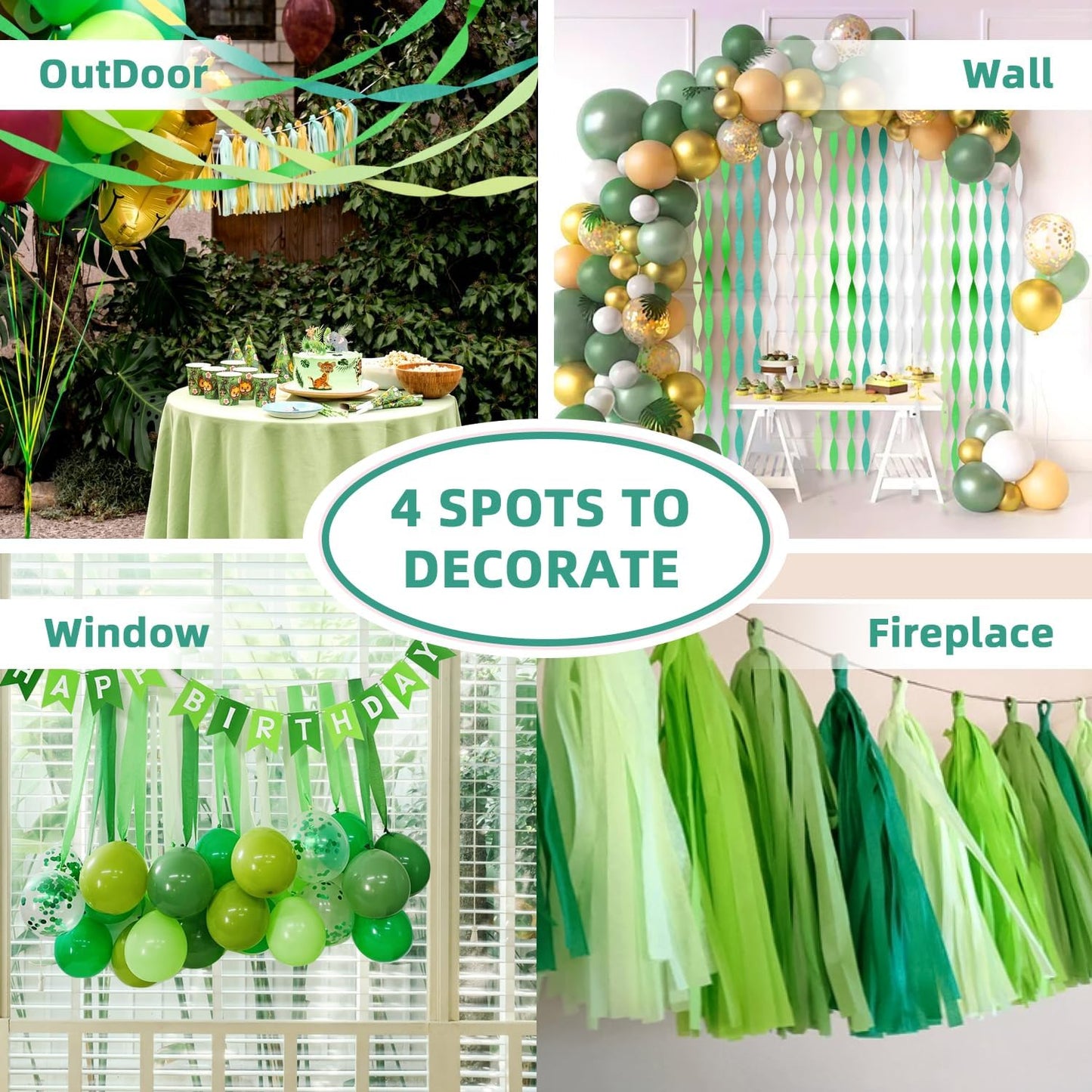 8 Pack Green White Crepe Paper Streamers Rolls, 656ft Party Streamers for Birthday Wedding Baby Bridal Shower Decorations Halloween Christmas Craft Festival Supplies (1.8 Inch x 82 Ft/Roll)