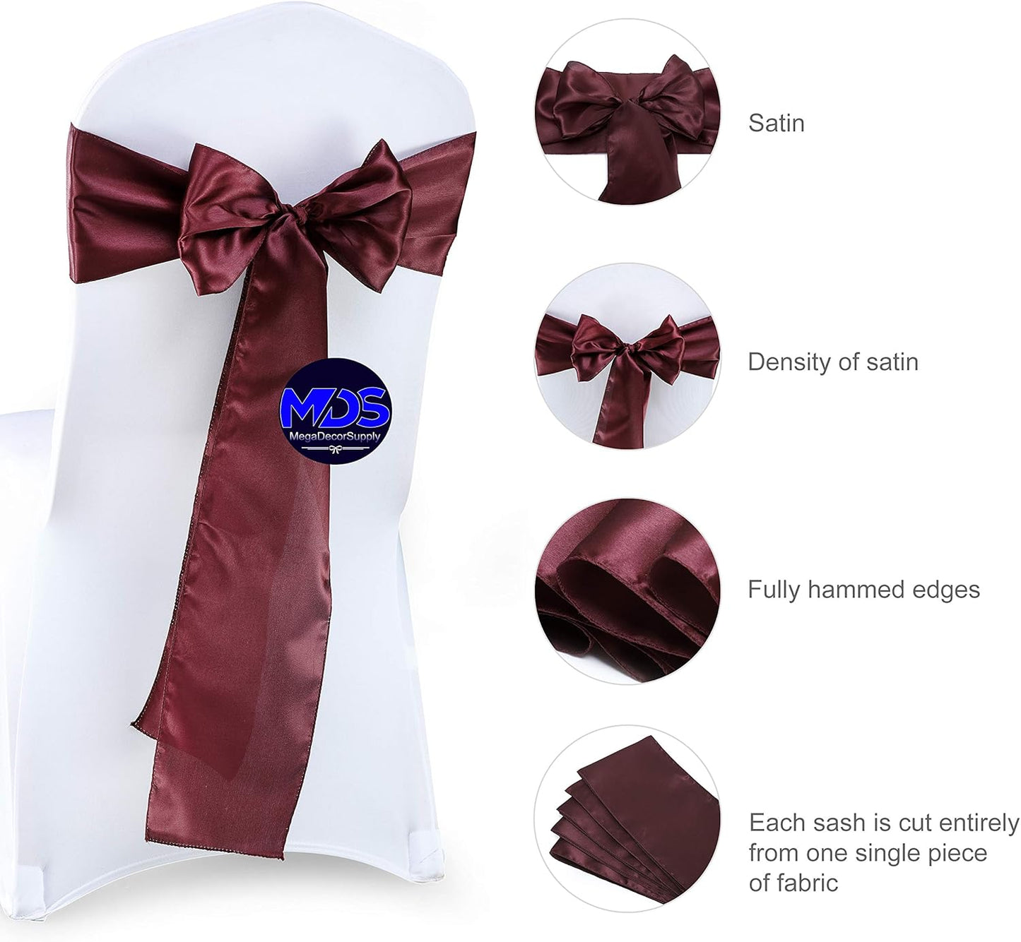 MDS Pack of 125 PCS Satin Chair Sashes Charmeuse Sateen Dining Chair Bows Ribbon Ties Back Sash for Wedding Party Birthday Home Hotel Restaurant Banquet Decoration (7 x 108 Inch, Burgundy)