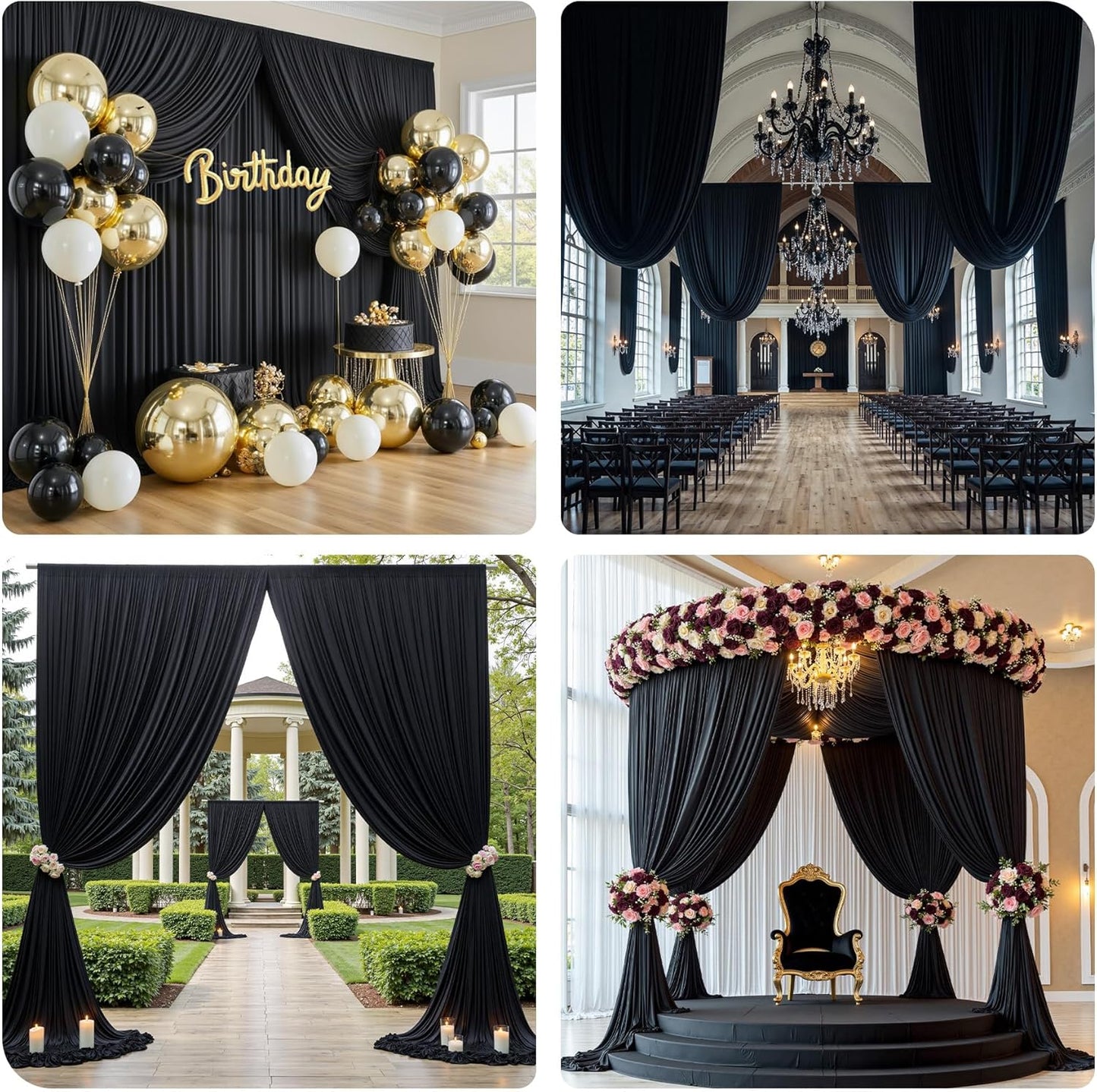 PartyVillage 30ft×15ft Black Backdrop Curtain for Halloween Parties, 6 Panels Wrinkle Free 15 FT Long Polyester Photo Backdrop Drapes Back Drop Cloth for Birthday Photography Background