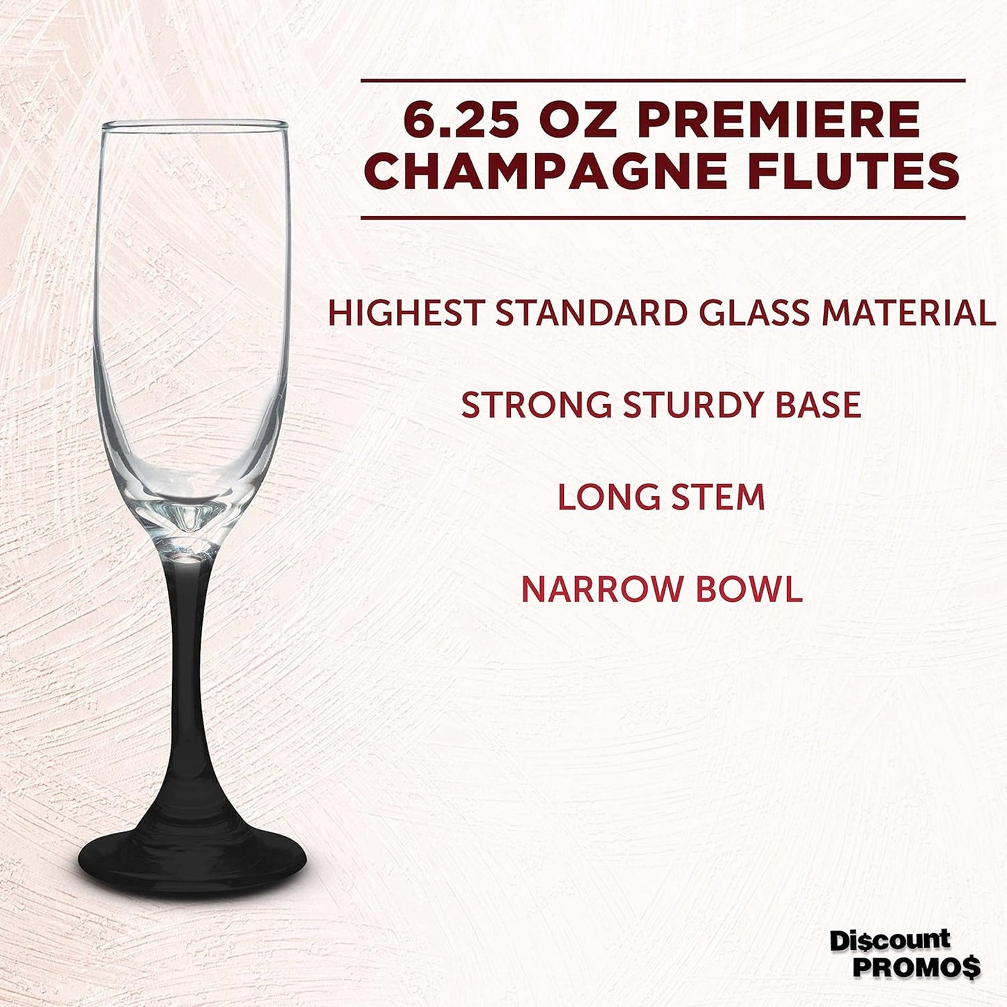DISCOUNT PROMOS Premiere Champagne Flutes 6.25 oz. Set of 10, Bulk Pack - Elegant Drinkware for Weddings, Events, & Promotional Gifts - Black